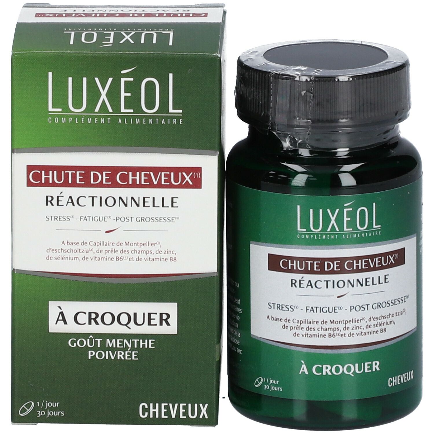 Boîte et flacon. Inscription: LUXÉOL, Chute de Cheveux Réactionnelle. Stress, Fatigue, Post Grossesse. Goût menthe poivrée.