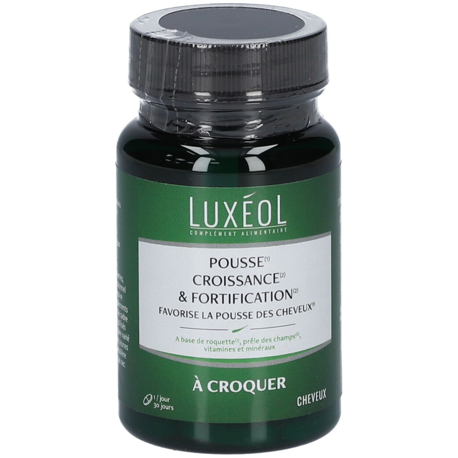 Flacon vert LUXÉOL. Inscription: Pousse, Croissance & Fortification. Complément alimentaire pour la pousse des cheveux.