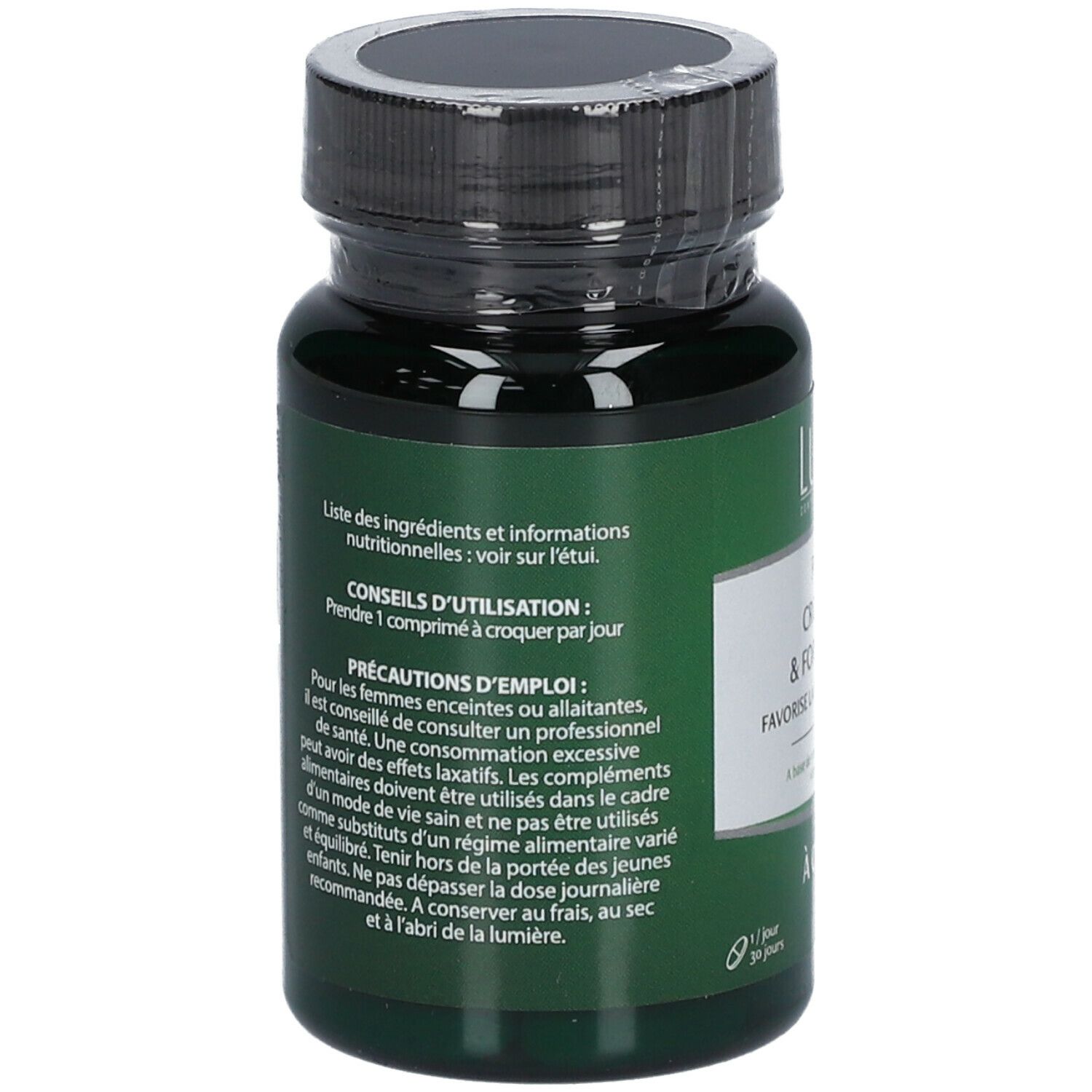 Dos du flacon vert LUXÉOL. Texte sur les ingrédients et l'utilisation. Précautions pour femmes enceintes et allaitantes.