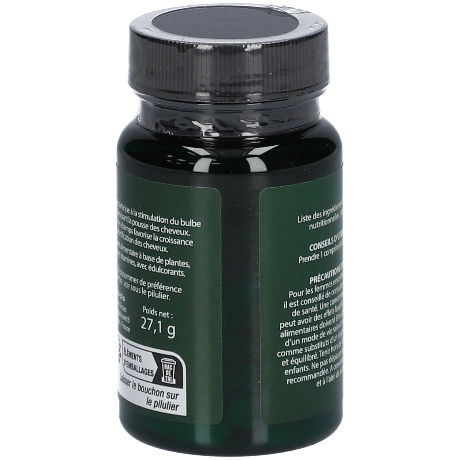 Dos du flacon vert LUXÉOL. Texte sur la composition et le poids de 27,1 g.