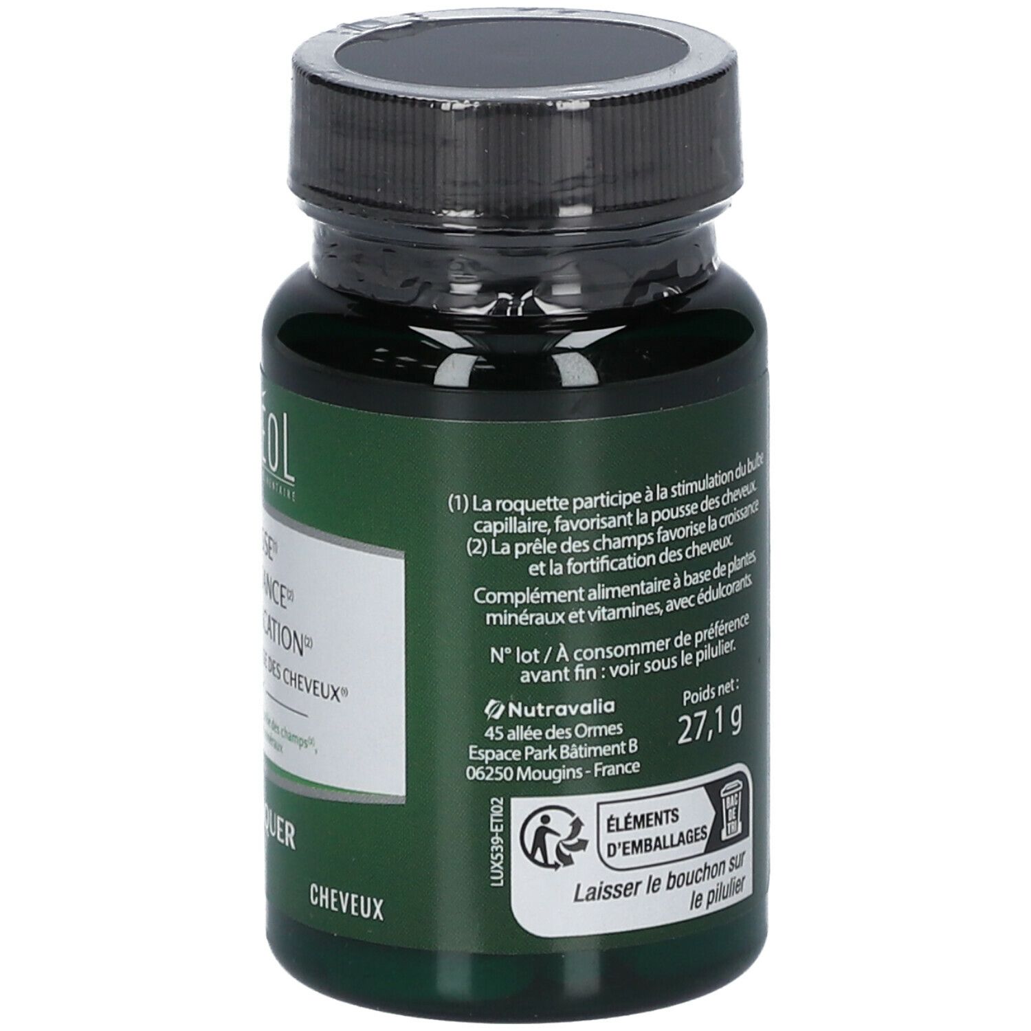Dos du flacon vert LUXÉOL. Texte avec ingrédients et adresse du fabricant: Nutravalia.