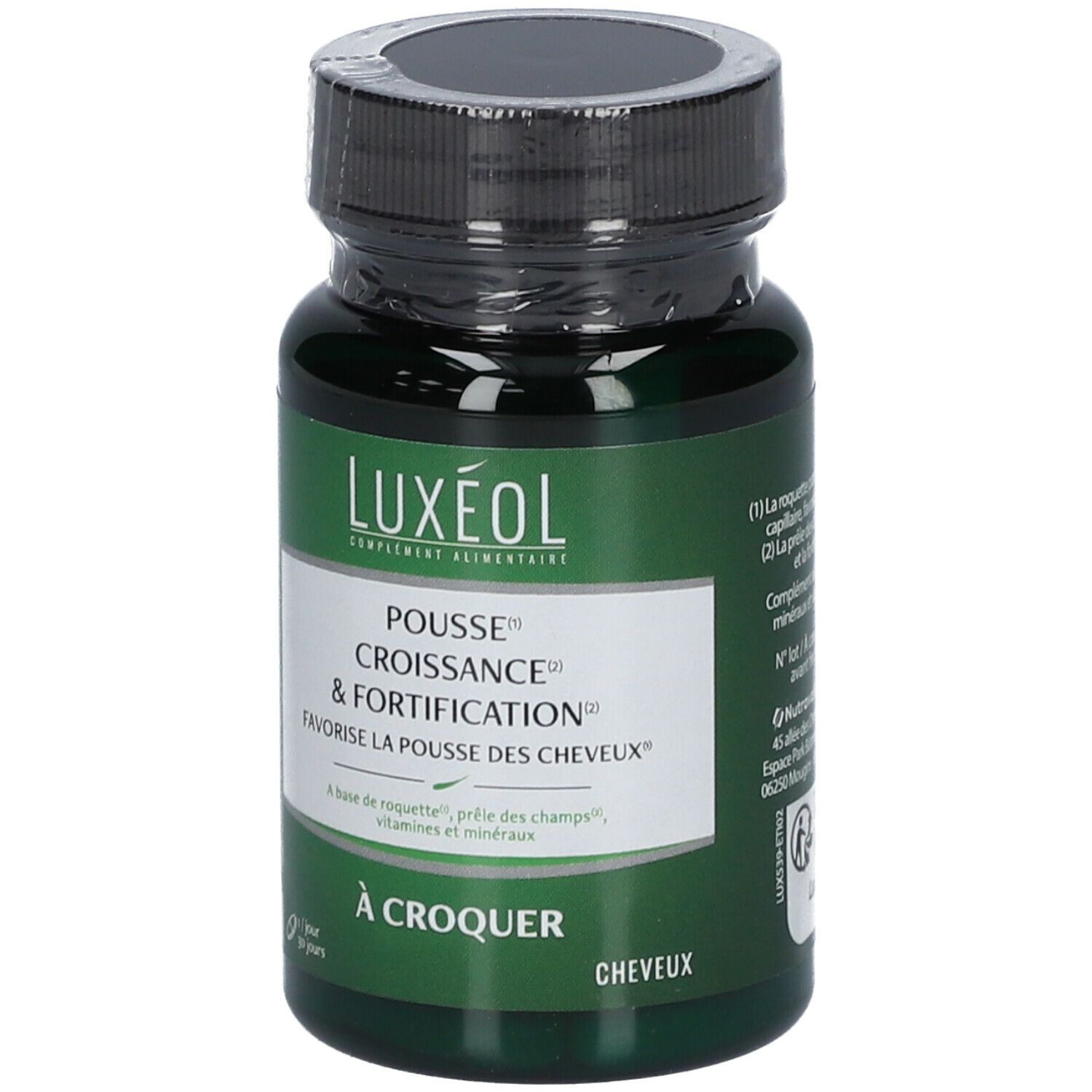 Flacon vert LUXÉOL. Inscription: Pousse, Croissance & Fortification. Capsules pour la pousse des cheveux. Scellé.