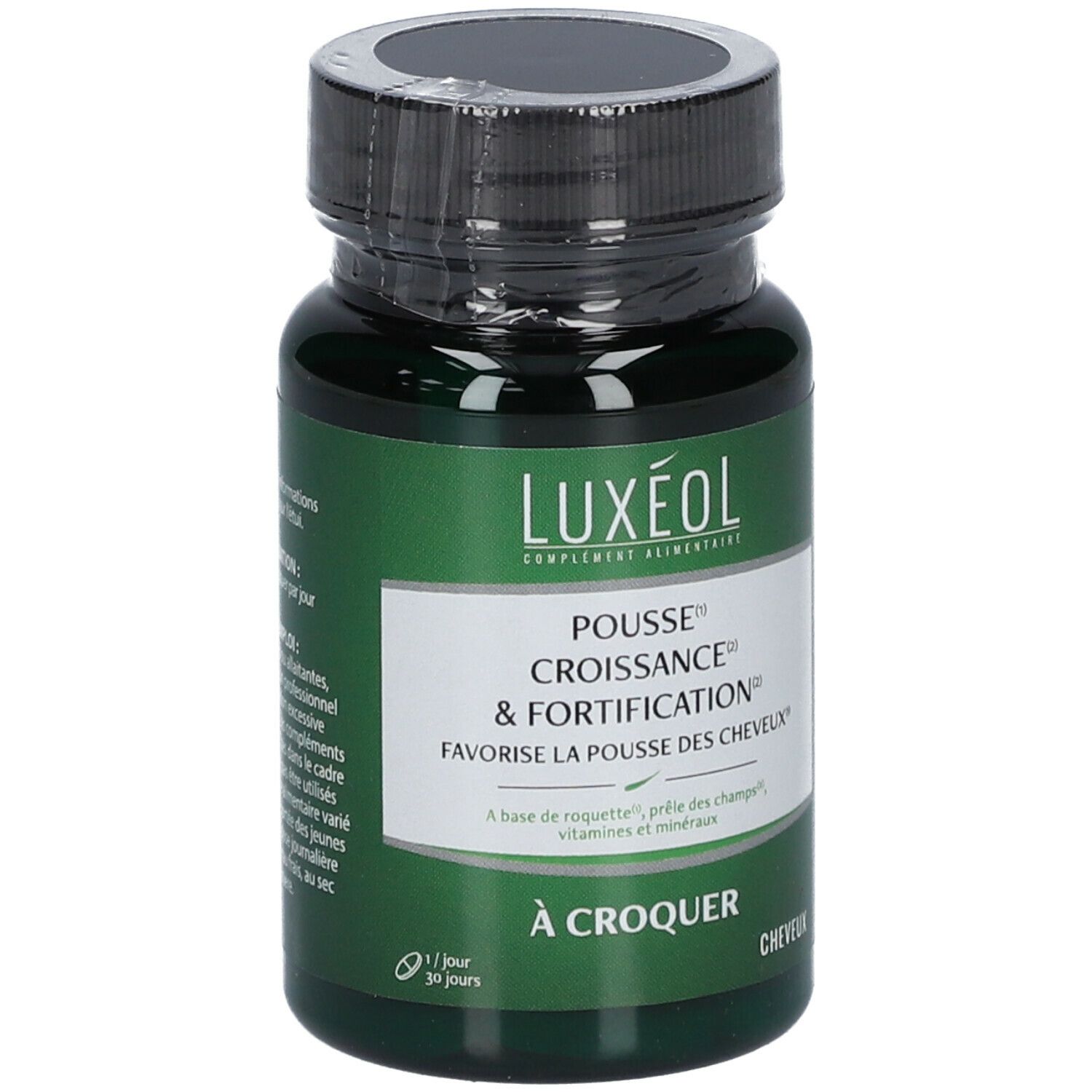 Flacon vert LUXÉOL. Inscription: Pousse, Croissance & Fortification. Capsules pour la pousse des cheveux. Gros plan.
