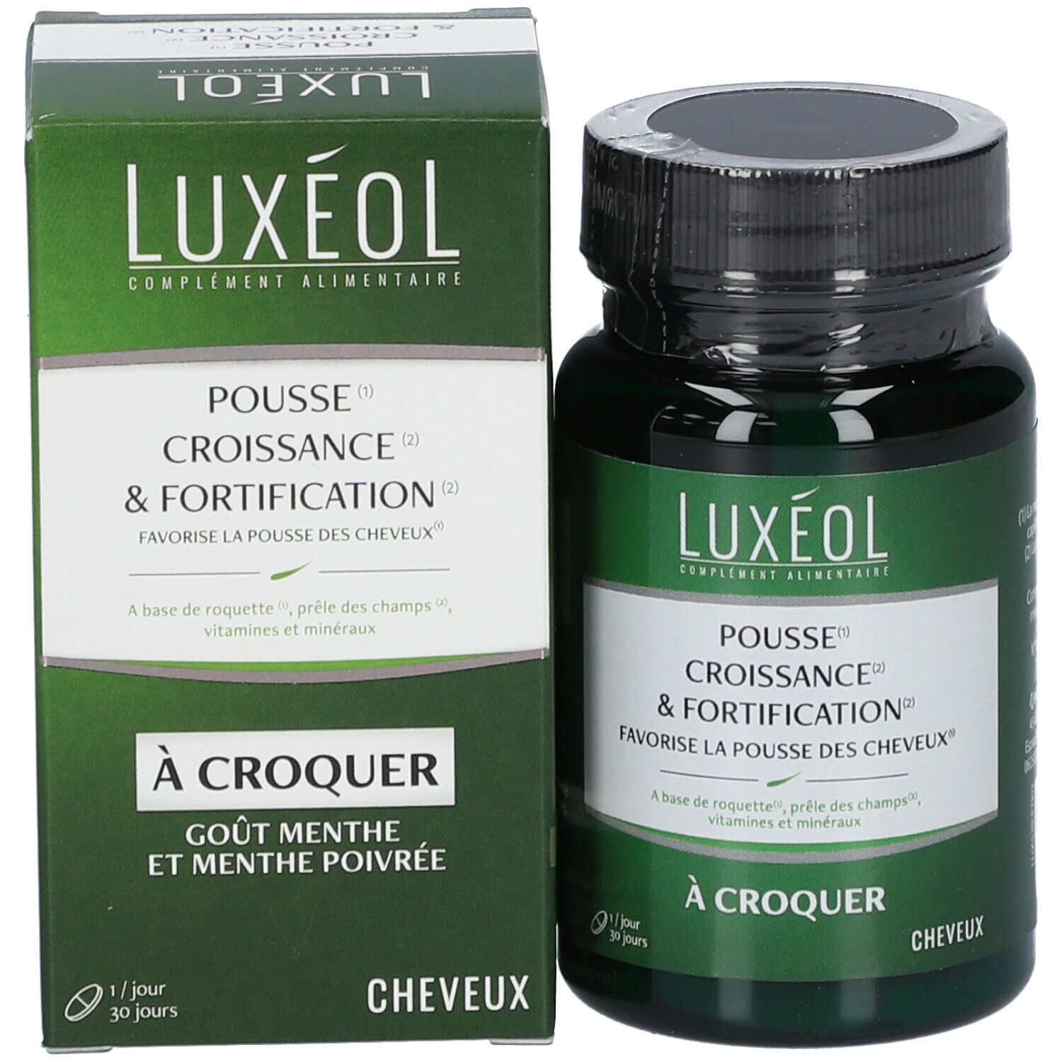 Flacon et boîte verts LUXÉOL. Inscription: Pousse, Croissance & Fortification. Capsules pour la pousse des cheveux. Goût menthe.