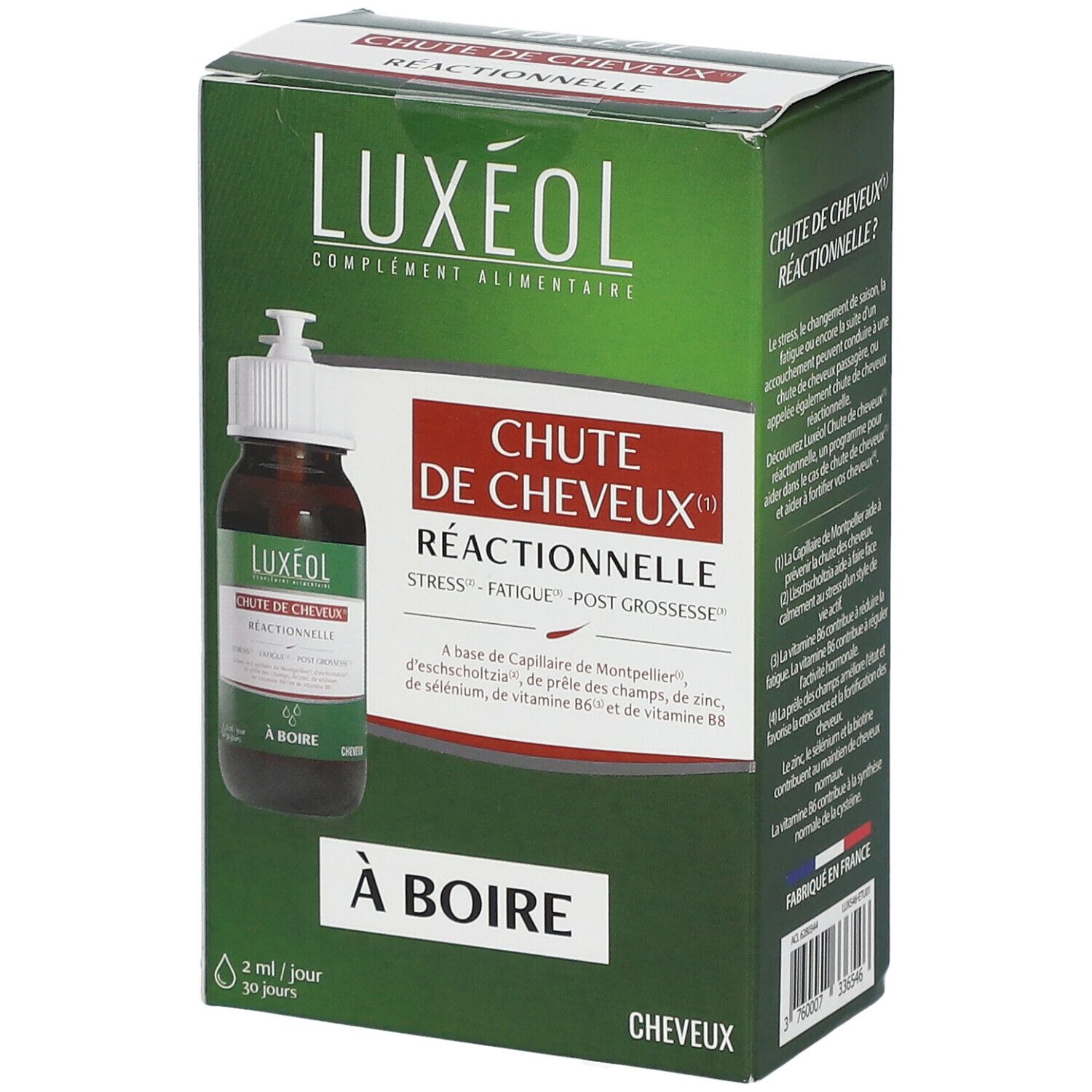 Boîte verte LUXÉOL avec flacon et bouchon doseur. Inscription 'Chute de Cheveux Réactionnelle' et 'À boire'.