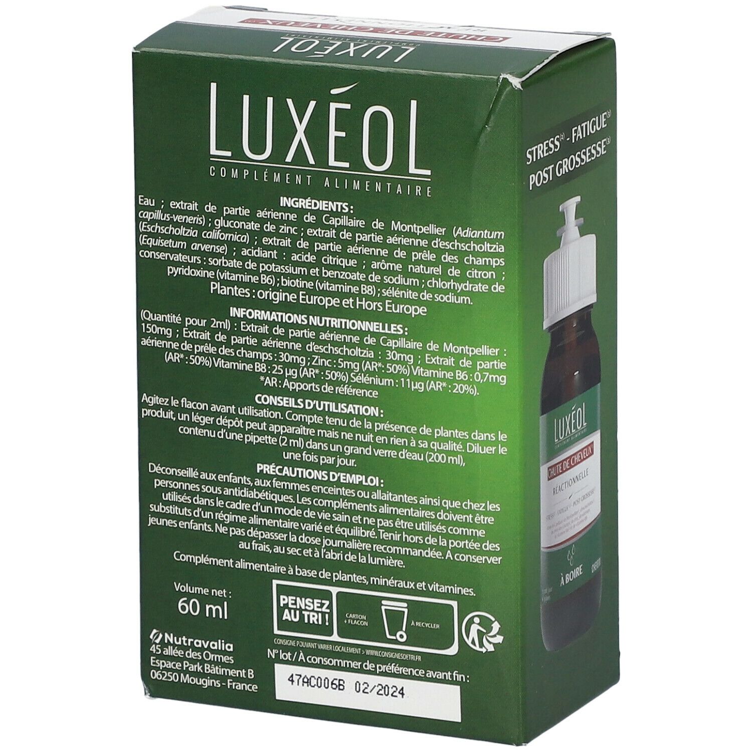 Dos de la boîte verte LUXÉOL. Ingrédients, conseils d'utilisation et volume de 60 ml sont visibles.