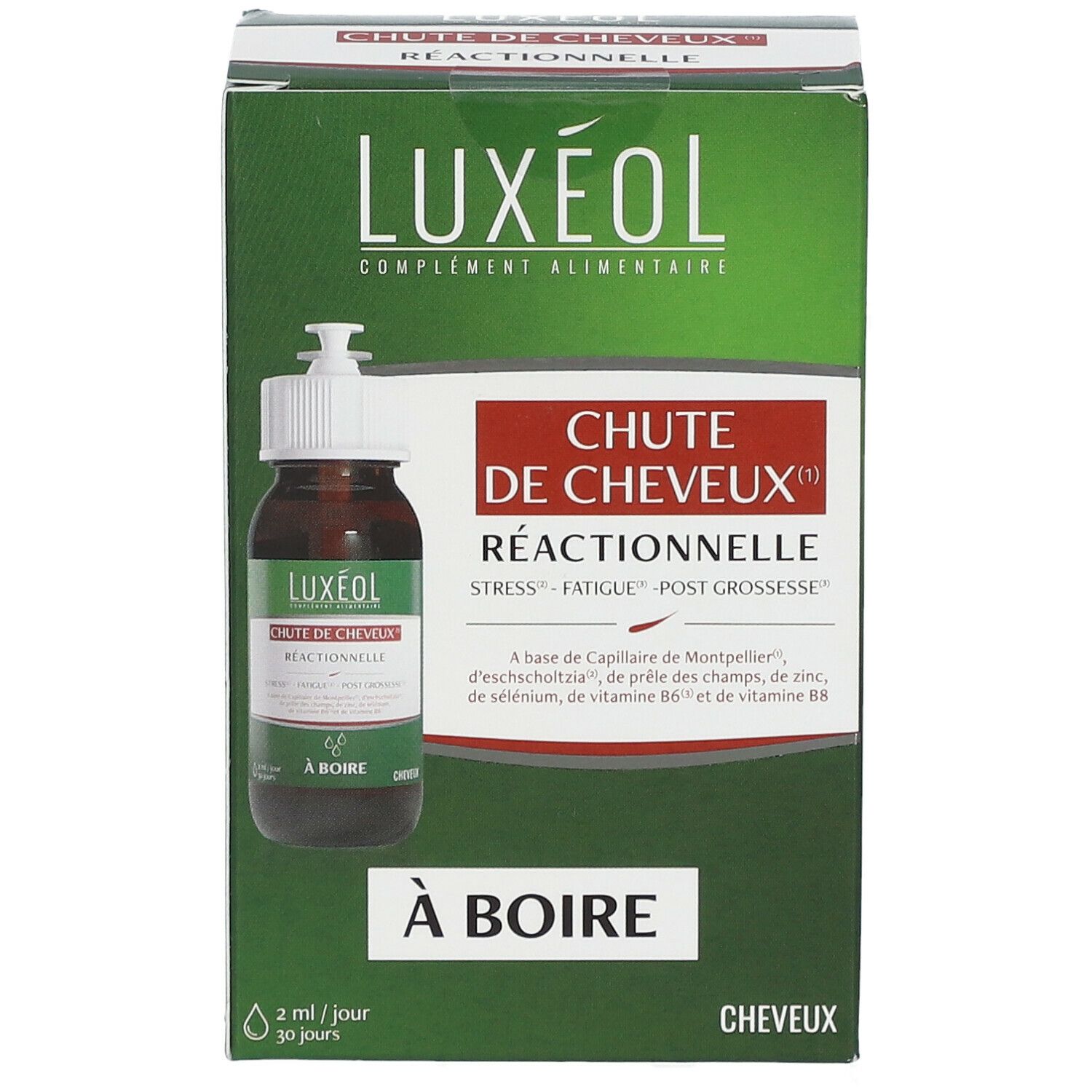 Boîte verte LUXÉOL avec flacon. Inscription 'Chute de Cheveux Réactionnelle' et 'À boire'.