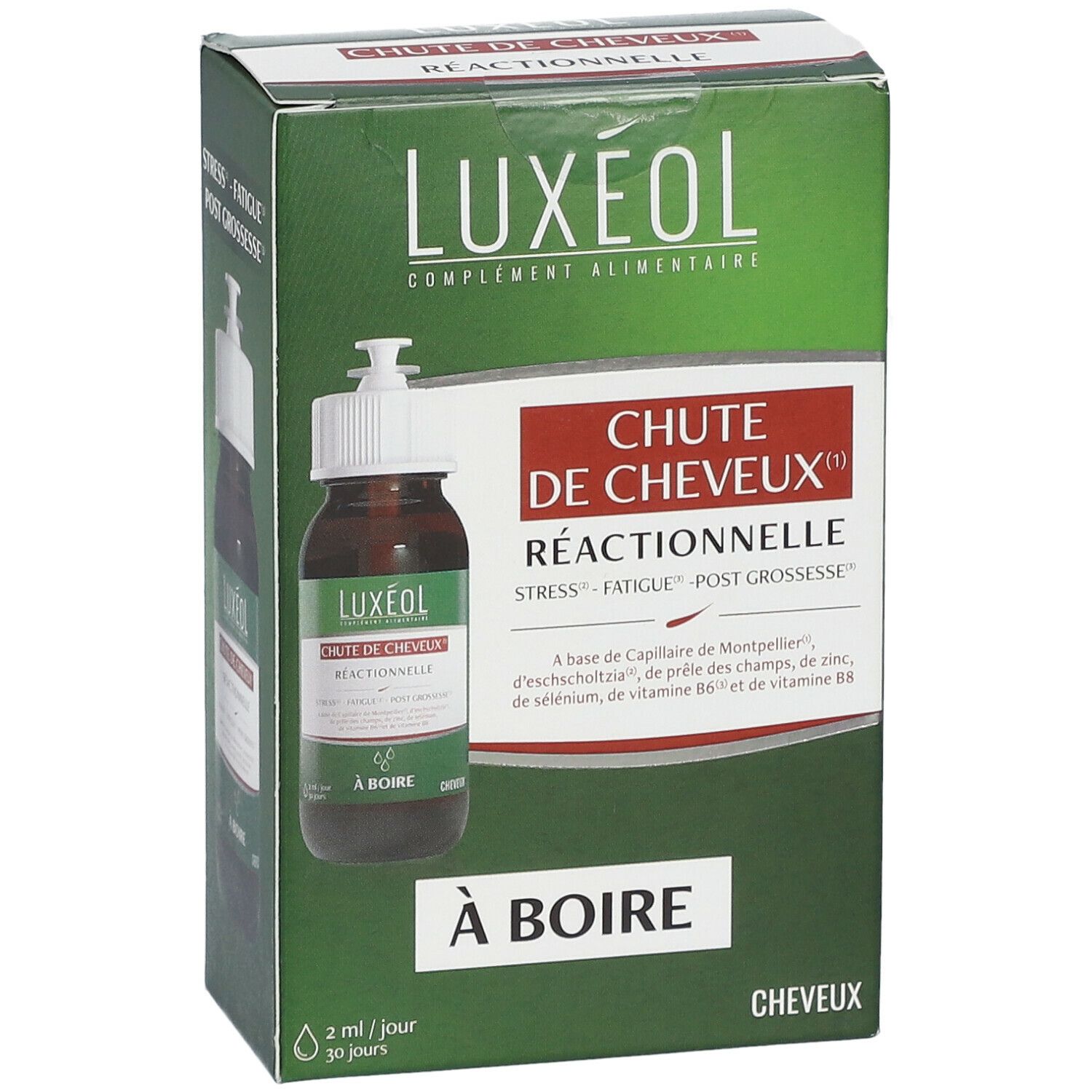Boîte verte LUXÉOL avec flacon. Inscription 'Chute de Cheveux Réactionnelle' et 'À boire'.