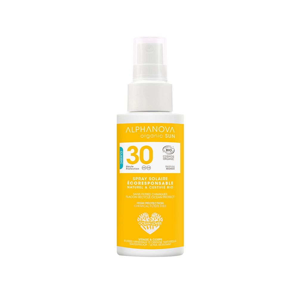 Spray solaire Alphanova, étiquette jaune, SPF 30, certification bio. Tête de pulvérisation blanche.