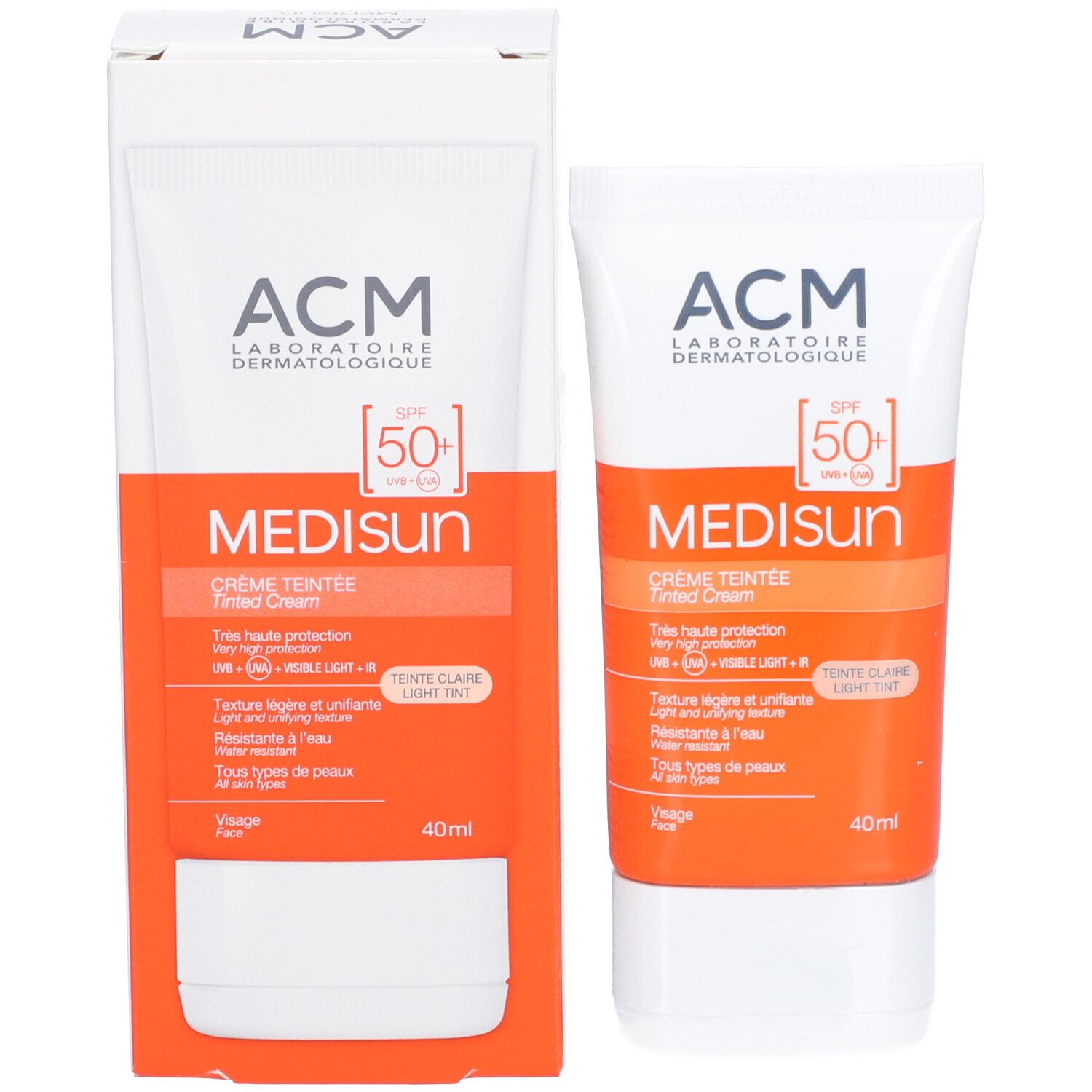 ACM Médisun Crème Teintée SPF 50+ avec emballage. Tube et boîte. SPF 50+ et nom du produit clairement visibles.