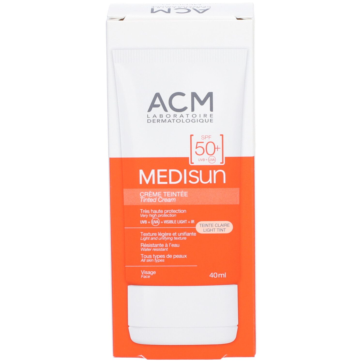 Emballage ACM Médisun Crème Teintée SPF 50+. Boîte blanche avec bande orange. SPF 50+ et nom du produit visibles.