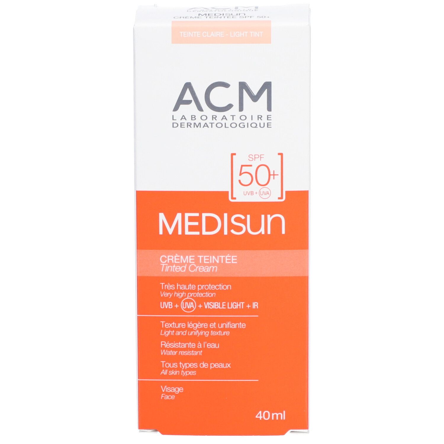 Emballage ACM Médisun Crème Teintée SPF 50+. Boîte blanche avec bande orange. SPF 50+ et nom du produit visibles.