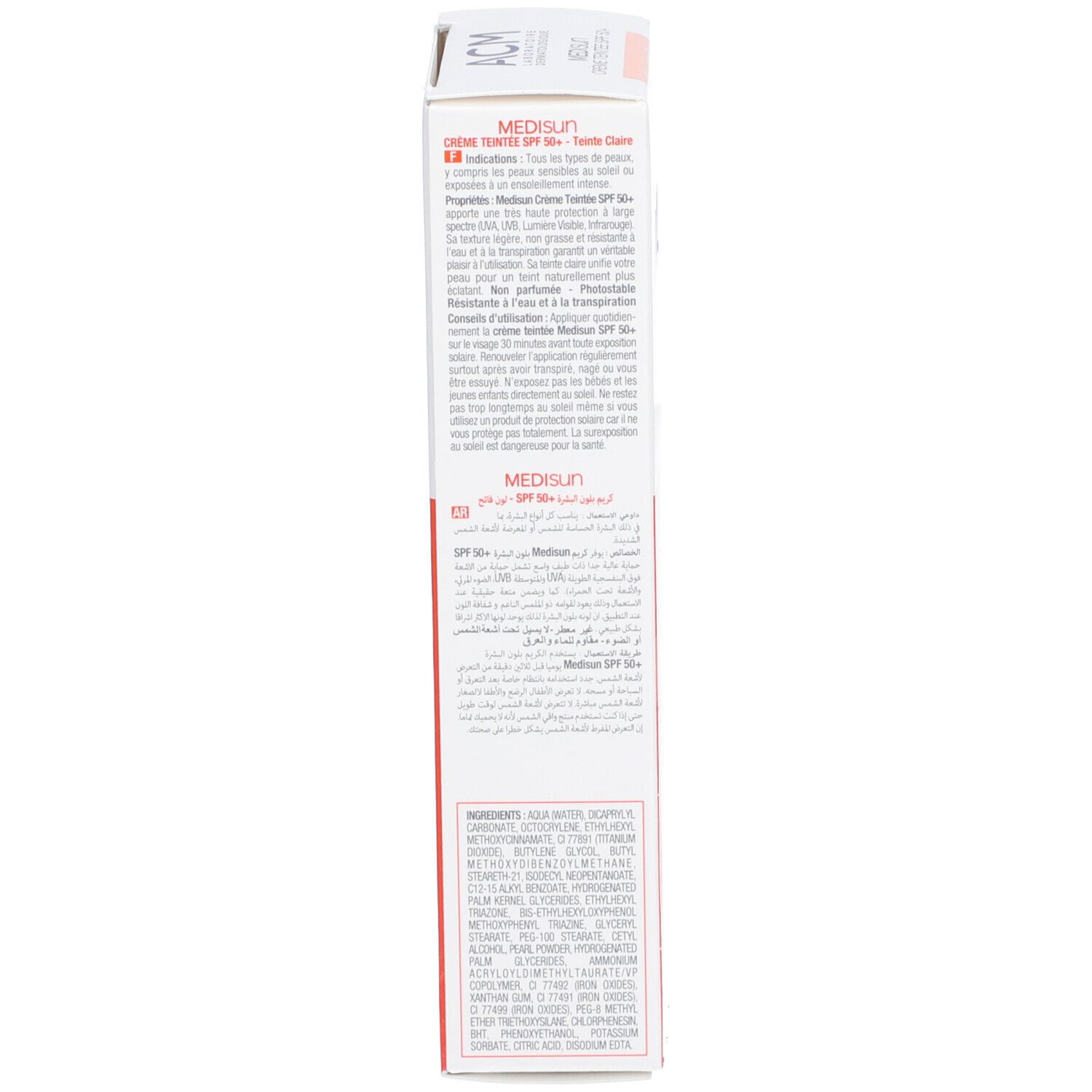 Dos de l'emballage ACM Médisun Crème Teintée SPF 50+. Texte et ingrédients. Fabriqué en France.