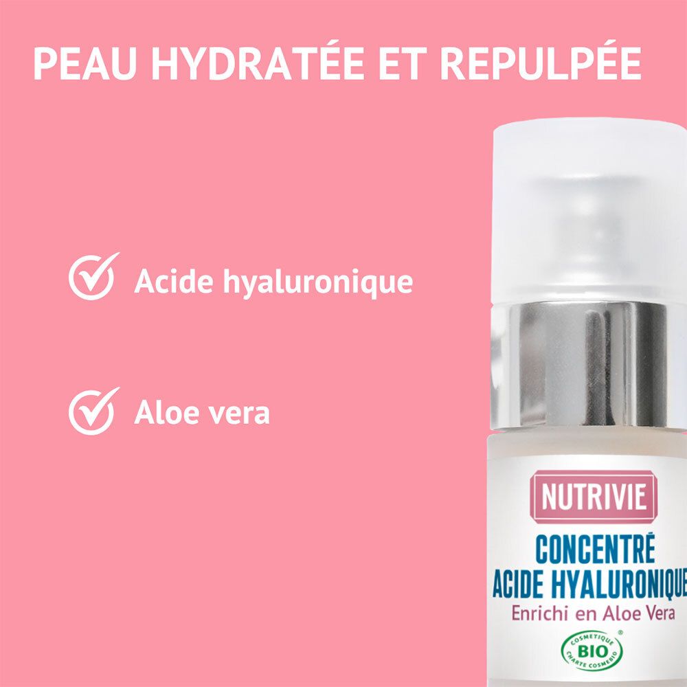 Concentré d'acide hyaluronique Nutrivie, enrichi en Aloe Vera, avec étiquette.