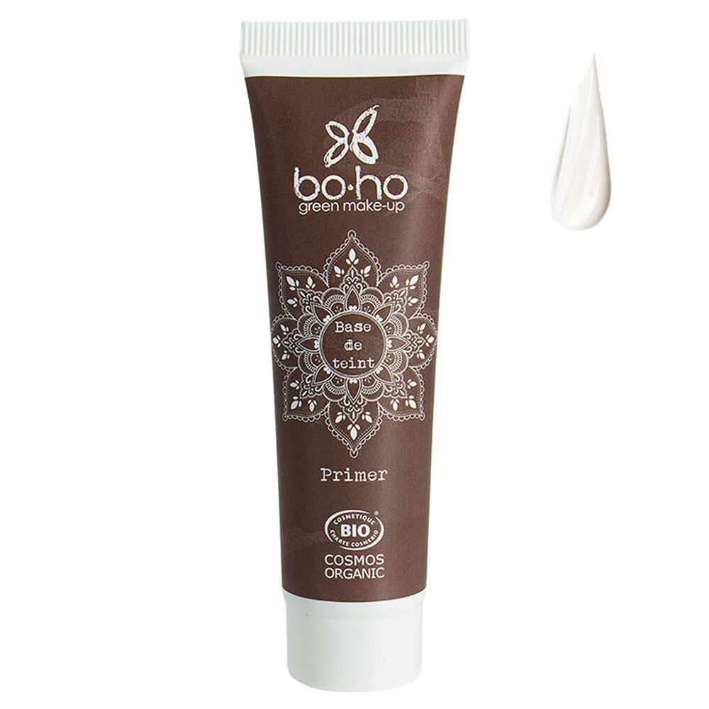 Tube marron avec bouchon blanc. Inscription: BOHO green make-up, Base de teint, Primer. Certification bio et goutte de produit.