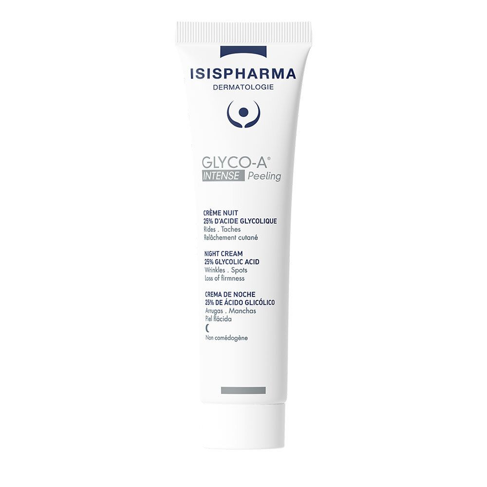 Tube blanche ISISPHARMA Glyco-A Intense Peeling. Crème de nuit 25% acide glycolique. Inscription en plusieurs langues.