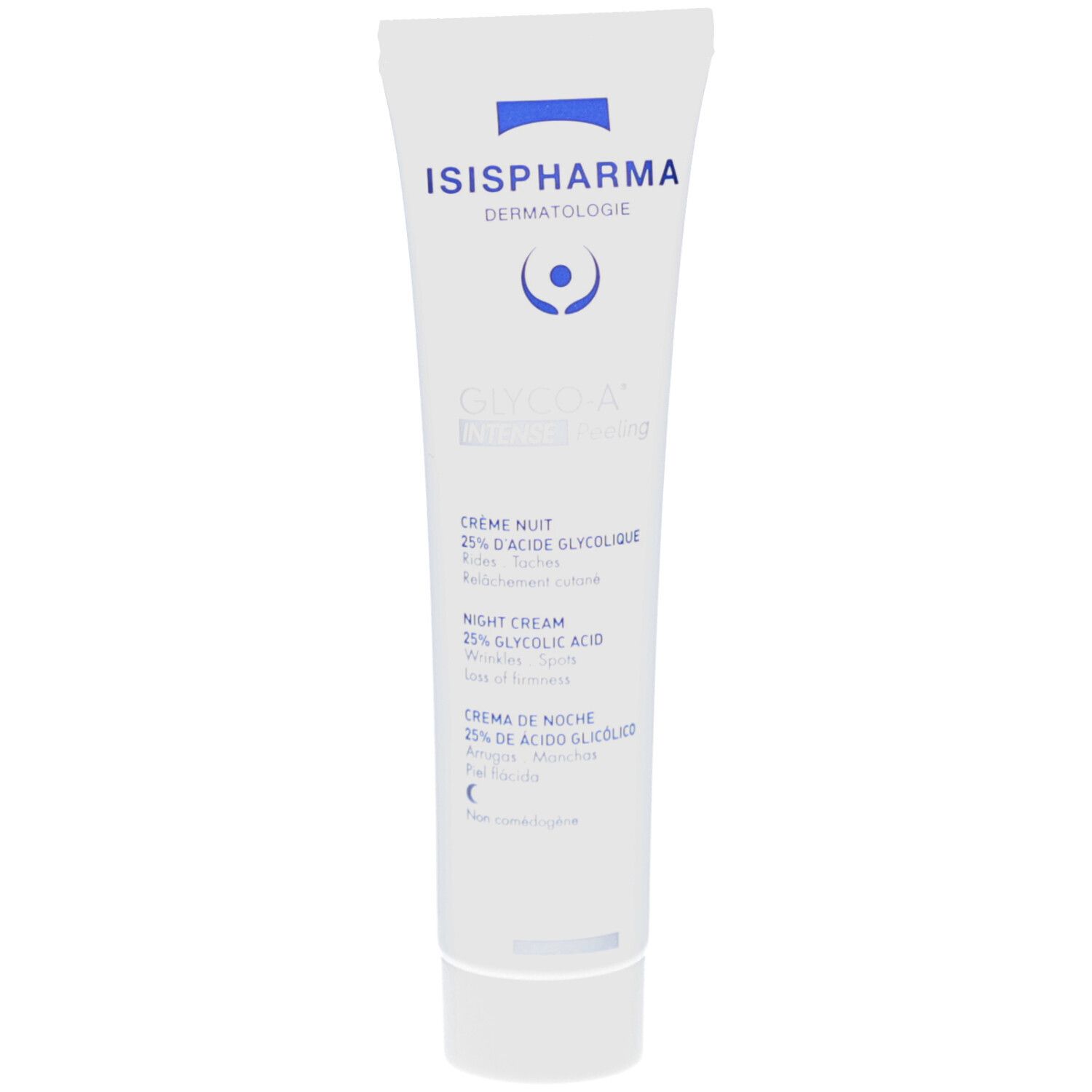 Tube blanc ISISPHARMA Glyco-A Intense Peeling. Crème de nuit 25% acide glycolique. Inscription en plusieurs langues.