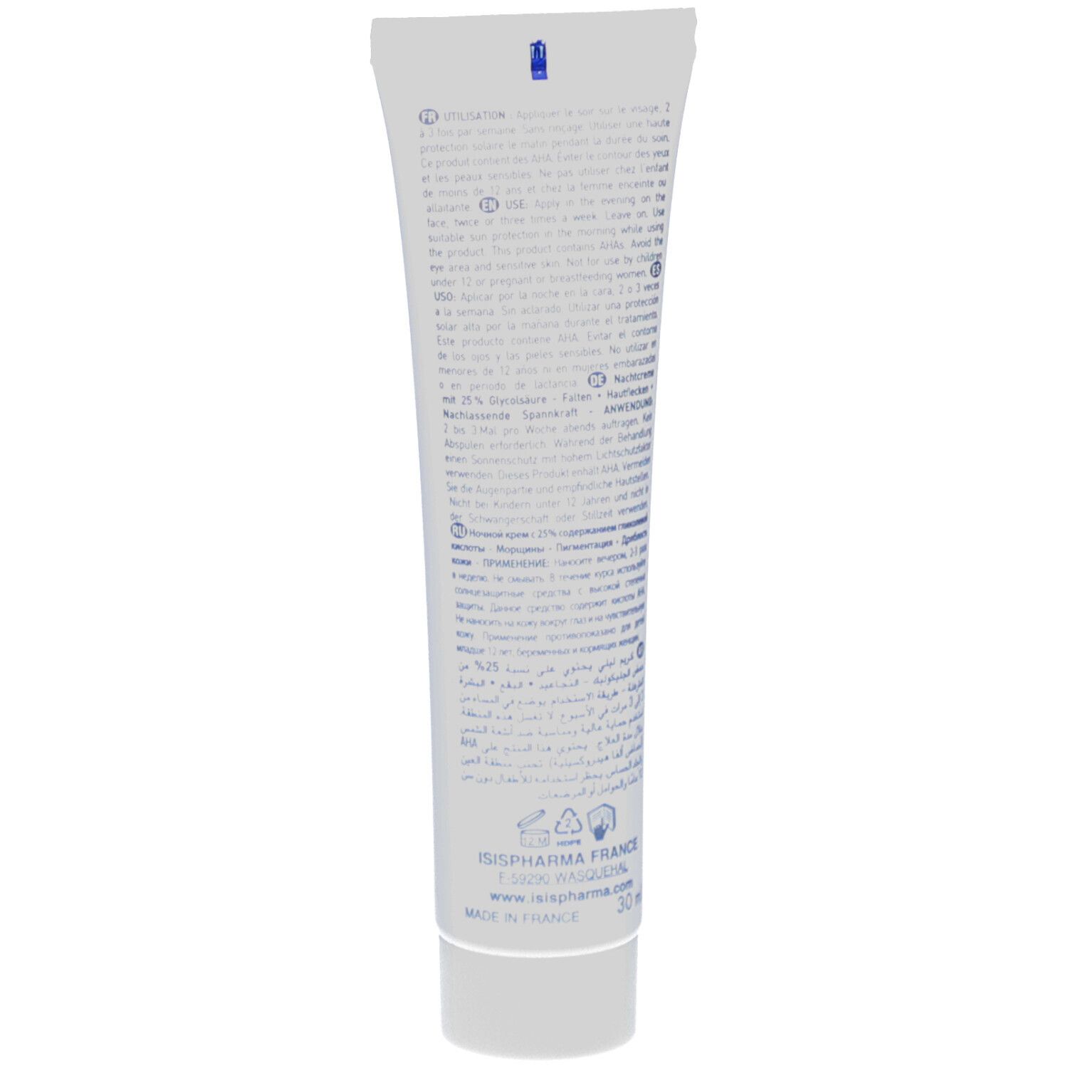 Dos du tube blanc. Texte multilingue, comprenant instructions d'utilisation et ingrédients.