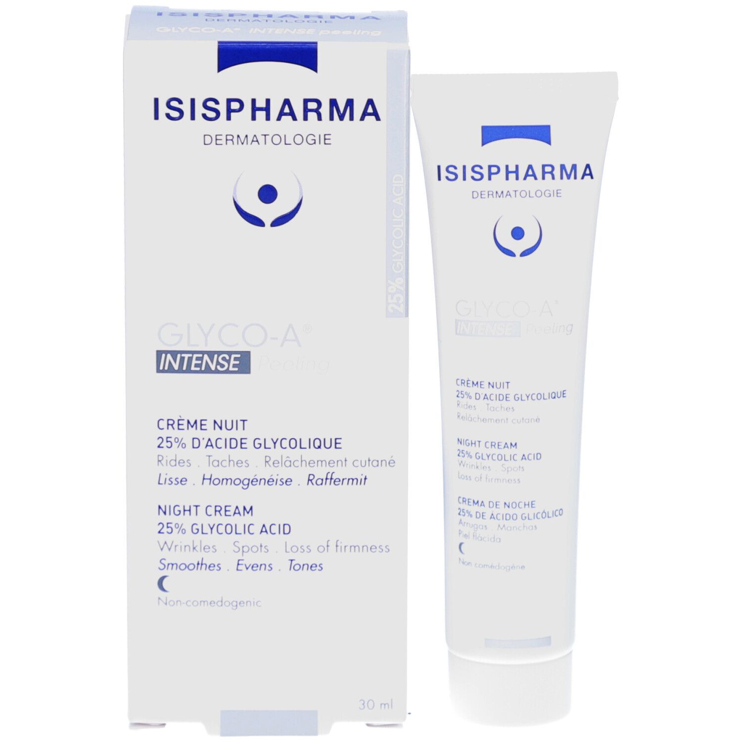 Boîte et tube. Boîte blanche ISISPHARMA Glyco-A Intense. Tube à côté.