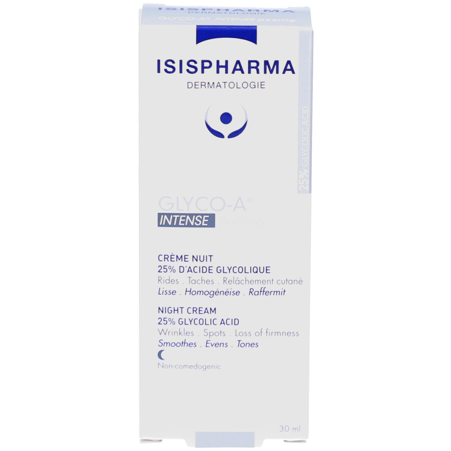 Boîte blanche ISISPHARMA Glyco-A Intense. Crème de nuit 25% acide glycolique. Texte multilingue.