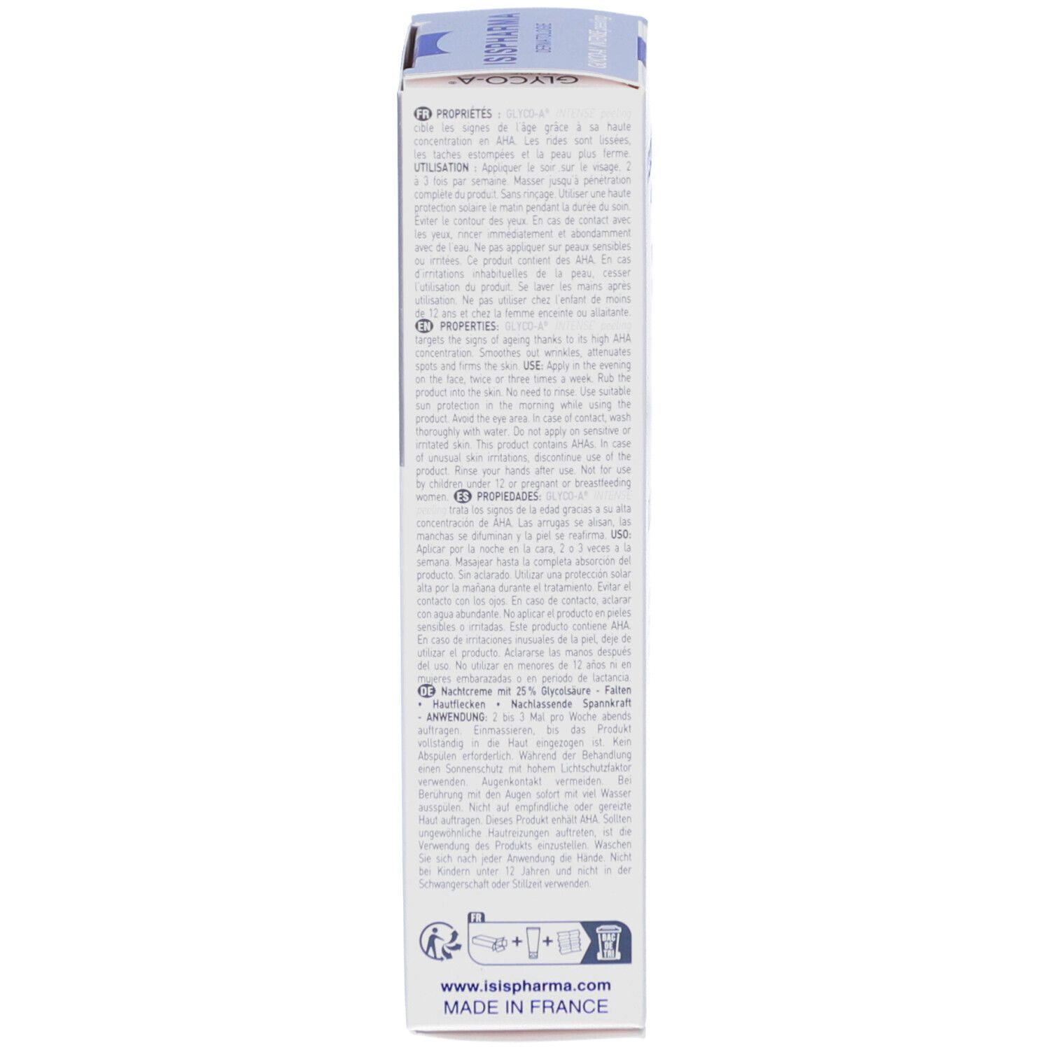 Vue latérale de la boîte. Texte multilingue, comprenant instructions d'utilisation et ingrédients.