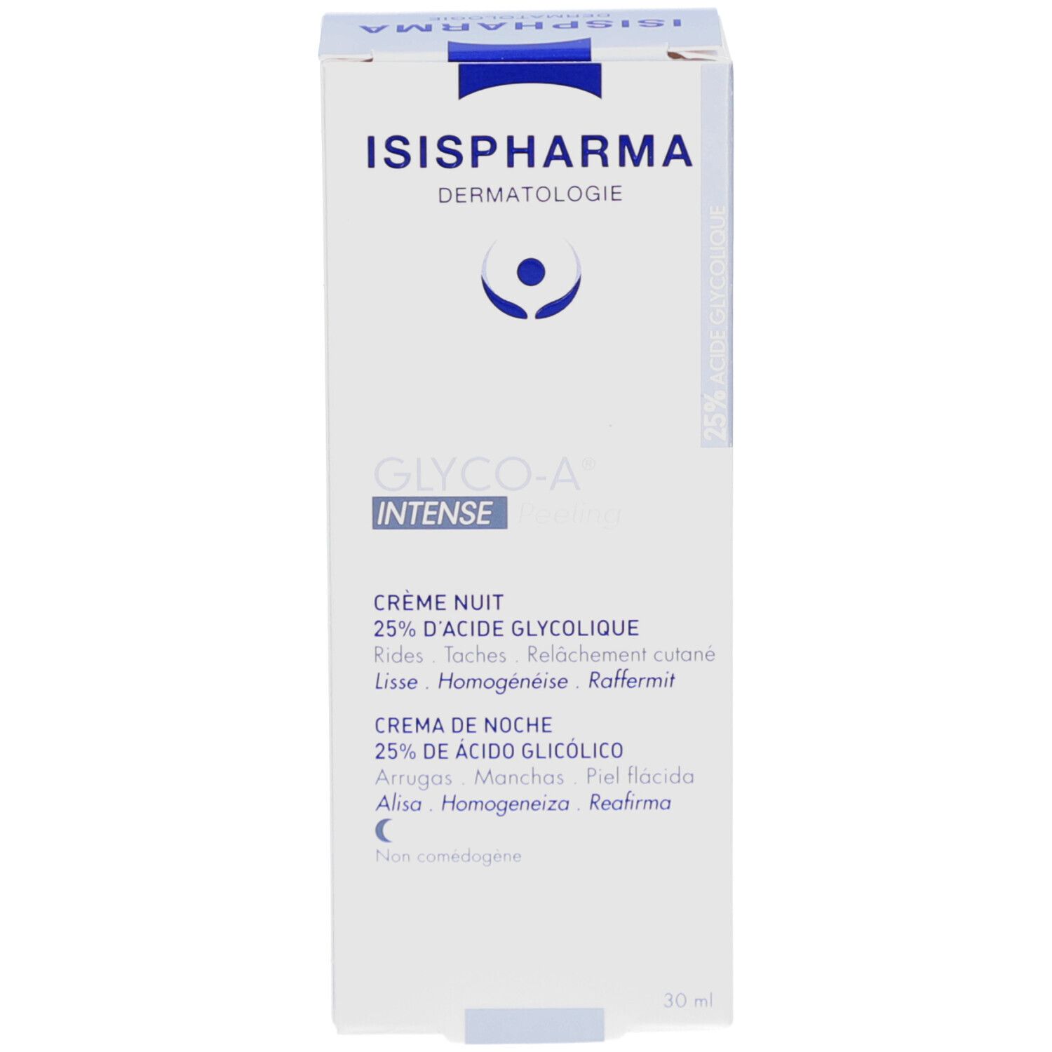 Boîte blanche ISISPHARMA Glyco-A Intense. Crème de nuit 25% acide glycolique. Texte multilingue.
