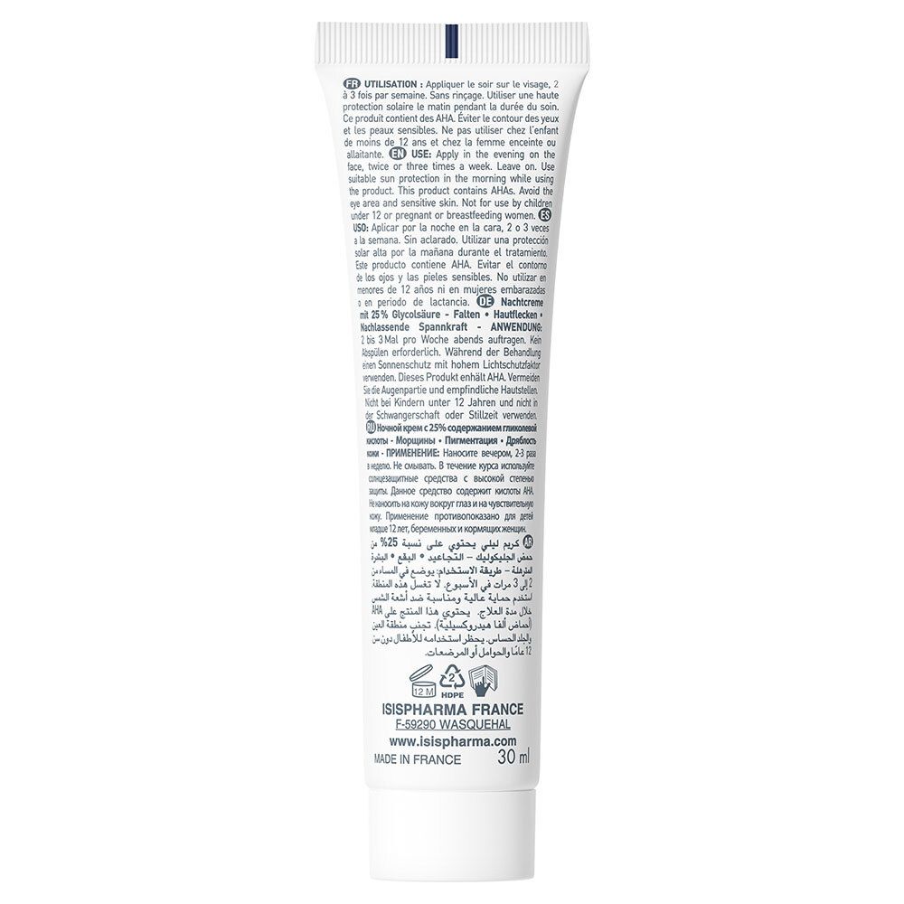 Dos du tube blanc. Texte multilingue, comprenant instructions d'utilisation et ingrédients.