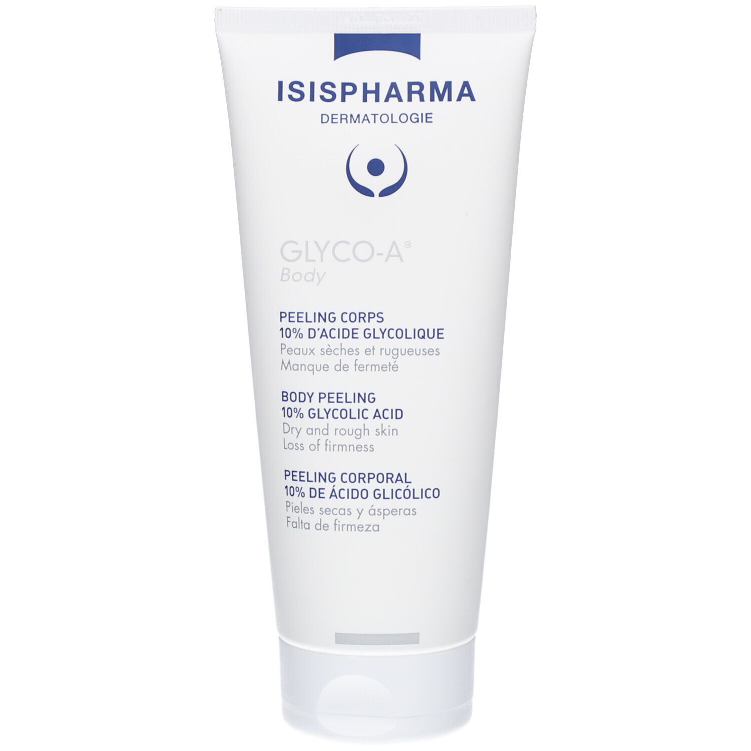 Tube blanc avec texte bleu. Contient Glyco-A Body. Texte: Peeling Corps, 10% acide glycolique. Fabricant: ISISPHARMA.