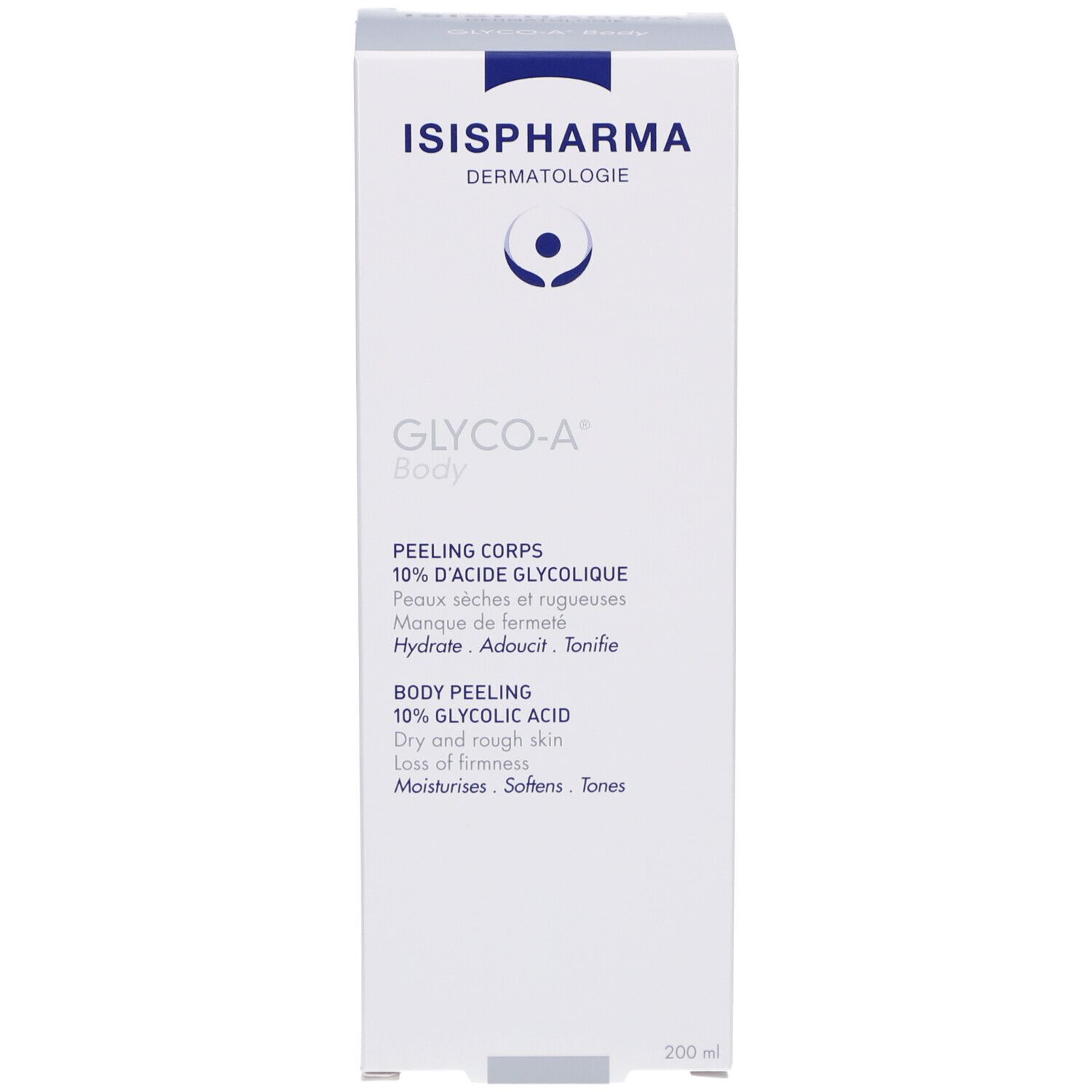 Emballage en carton. Texte: Glyco-A Body, Peeling Corps, 10% acide glycolique. Fabricant: ISISPHARMA. Volume: 200 ml.