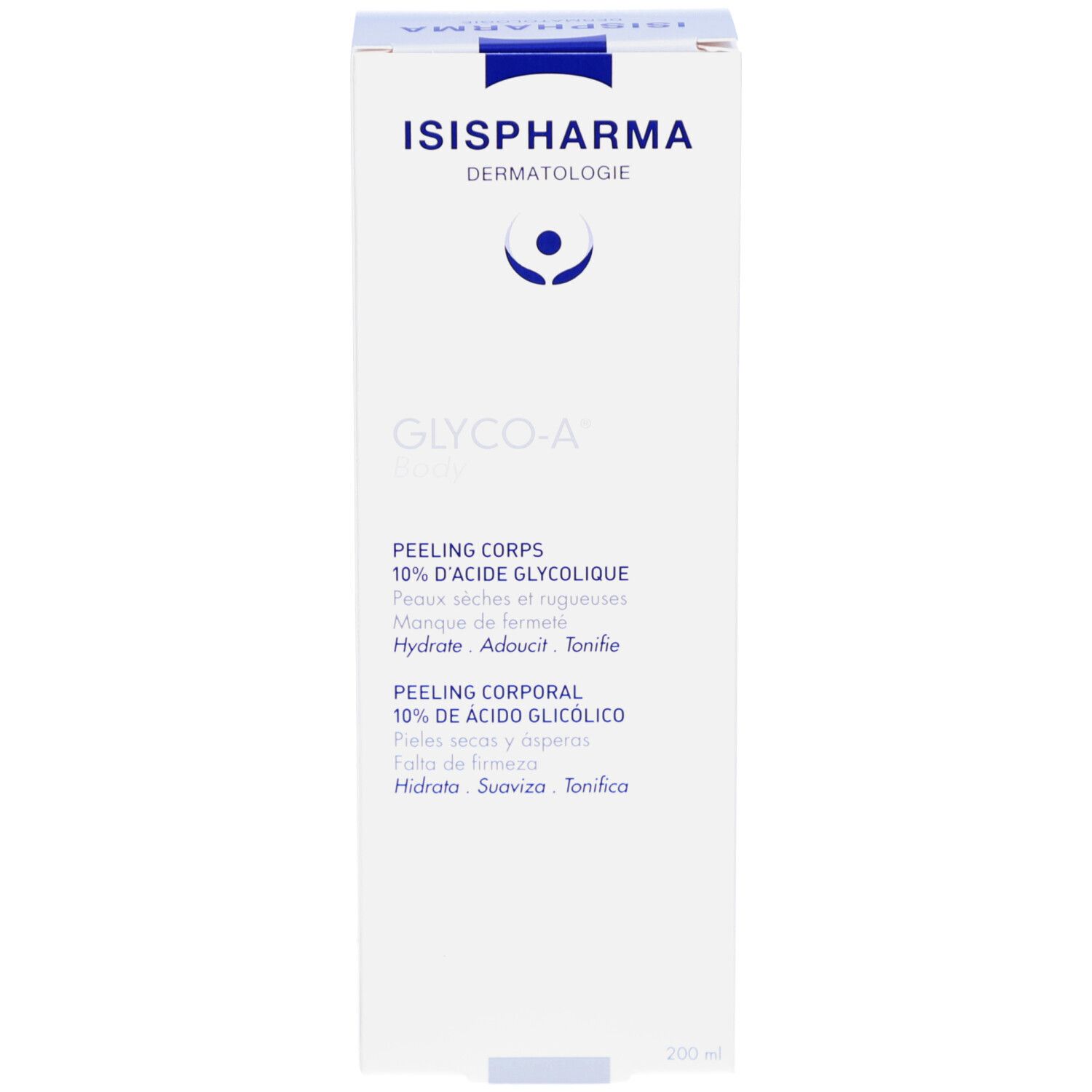 Emballage en carton. Texte: Glyco-A Body, Peeling Corps, 10% acide glycolique. Fabricant: ISISPHARMA. Volume: 200 ml.