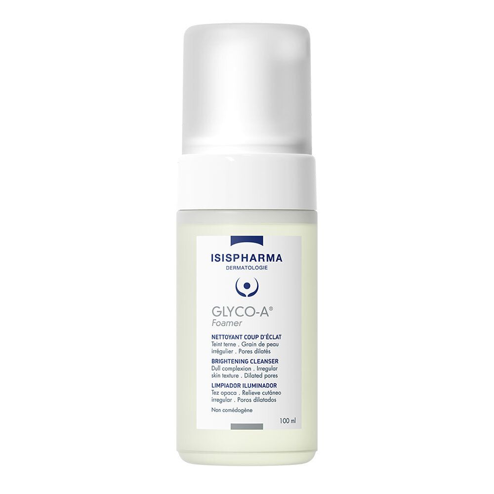 Flacon blanc avec pompe. Inscriptions: ISISPHARMA, GLYCO-A Foamer, Brightening Cleanser. 100 ml.