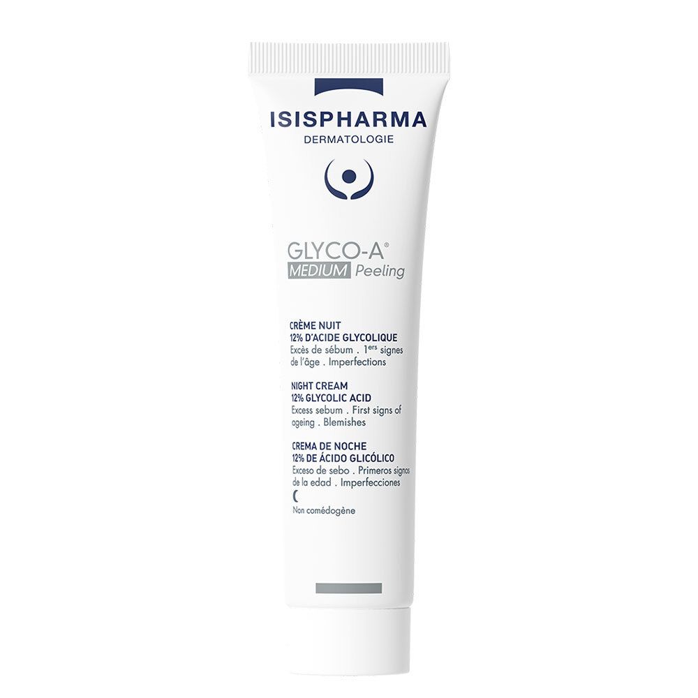 Tube blanche, texte bleu. ISISPHARMA, GLYCO-A MEDIUM Peeling. Crème de nuit 12% acide glycolique. Soin dermatologique.