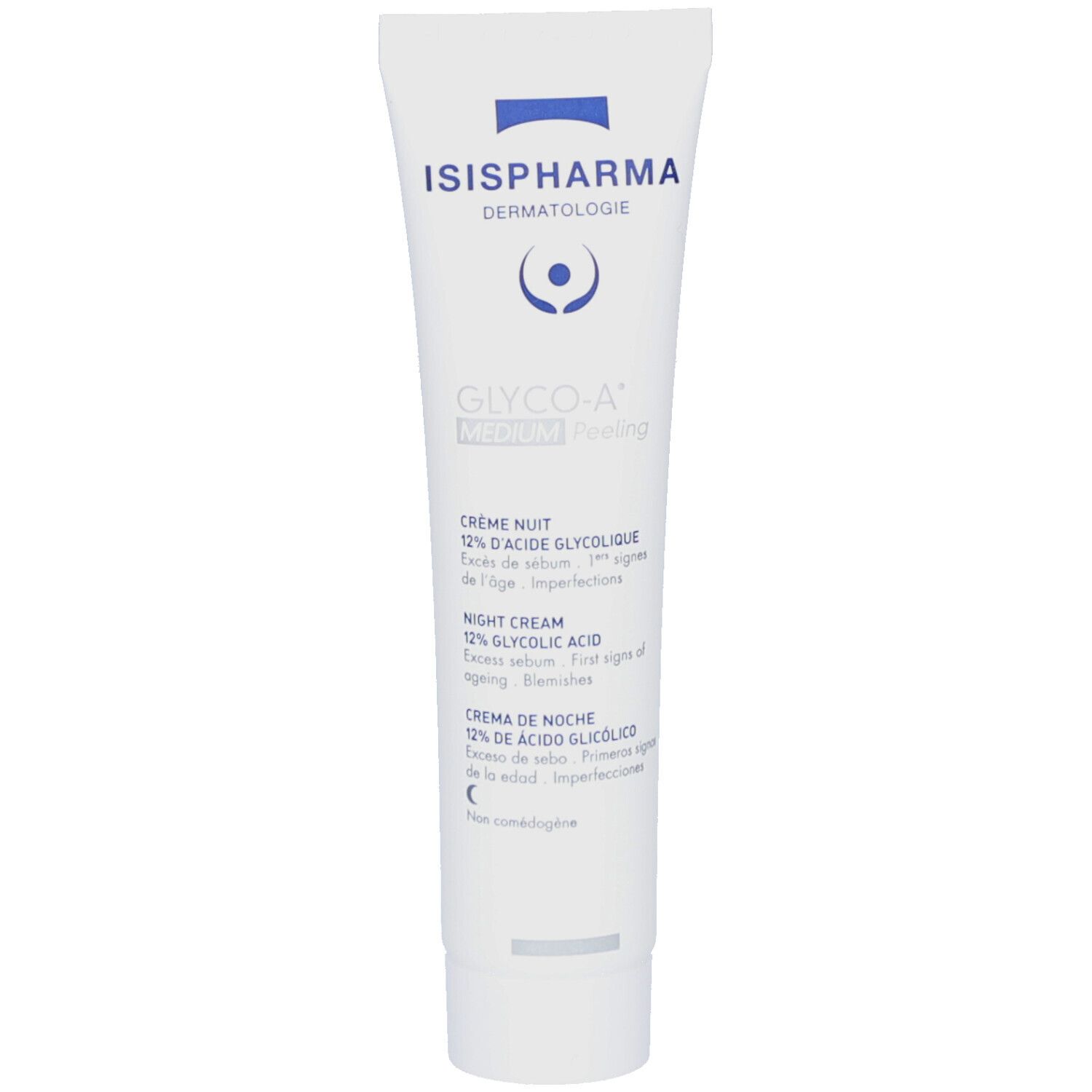 Tube blanche, texte bleu. ISISPHARMA, GLYCO-A MEDIUM Peeling. Crème de nuit 12% acide glycolique. Soin dermatologique.