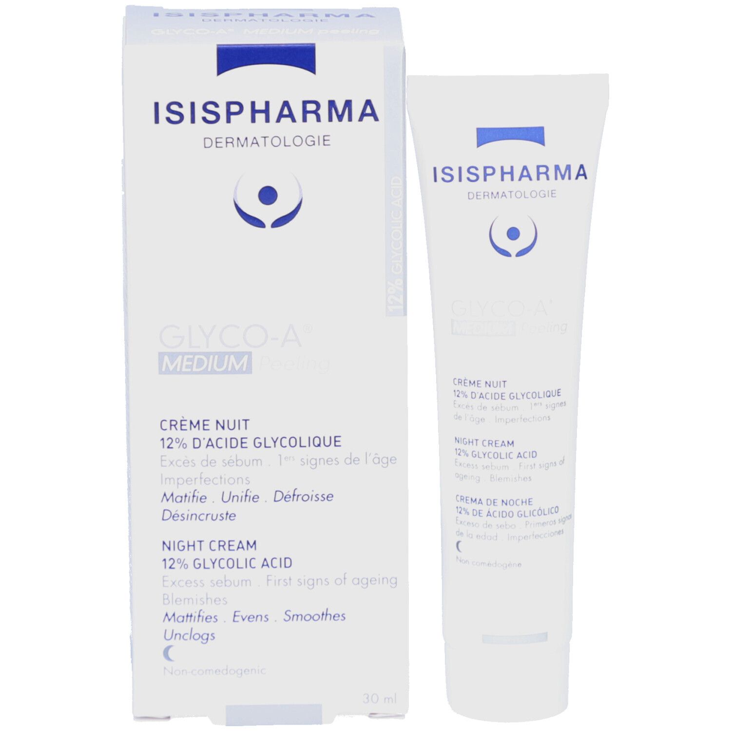 Emballage et tube. Boîte et tube blancs. ISISPHARMA, GLYCO-A MEDIUM. Crème de nuit 12% acide glycolique.