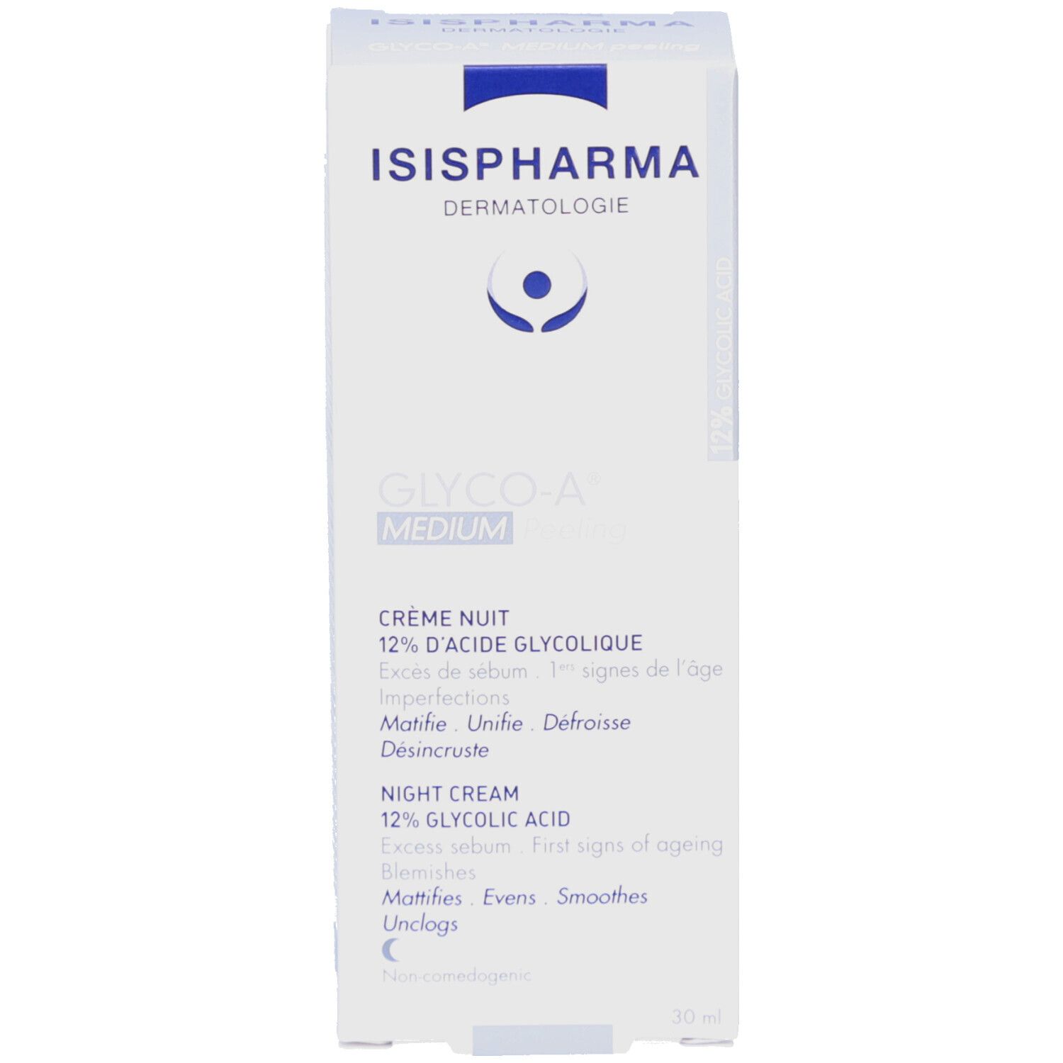 Emballage. Boîte blanche. ISISPHARMA, GLYCO-A MEDIUM. Crème de nuit 12% acide glycolique. Soin dermatologique.