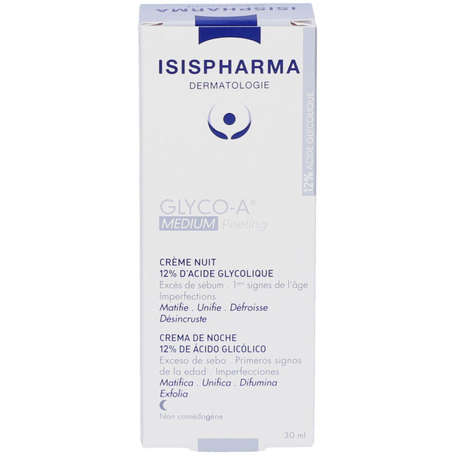 Emballage. Boîte blanche. ISISPHARMA, GLYCO-A MEDIUM Peeling. Crème de nuit 12% acide glycolique.