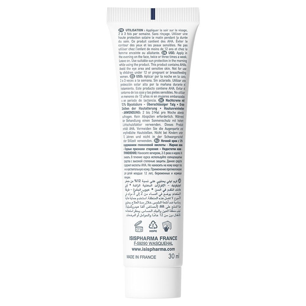 Dos du tube blanc. Texte multilingue. ISISPHARMA, 30ml. Fabriqué en France. Instructions d'utilisation.