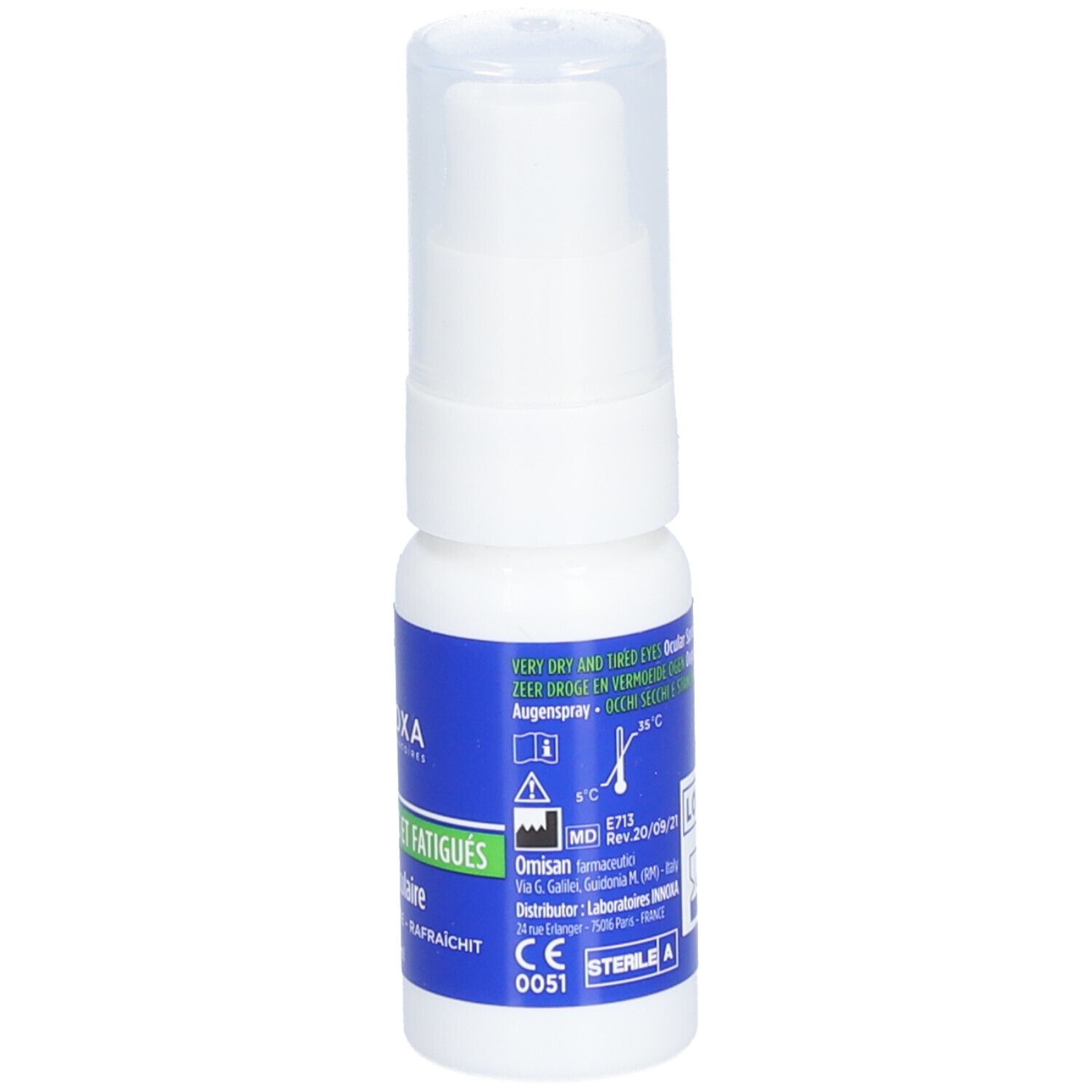 Spray oculaire INNOXA. Flacon blanc, étiquette bleue. Texte: Very dry and tired eyes. Numéro de lot, date de péremption et marquage CE.