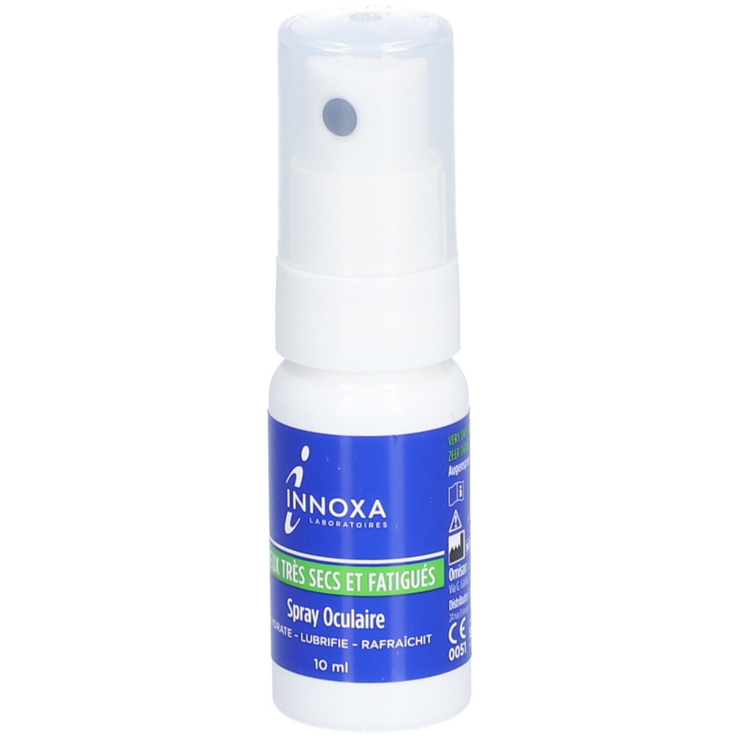 Spray oculaire INNOXA. Flacon blanc, étiquette bleue. Texte: Yeux très secs et fatigués, Spray Oculaire, 10 ml. Marquage CE.