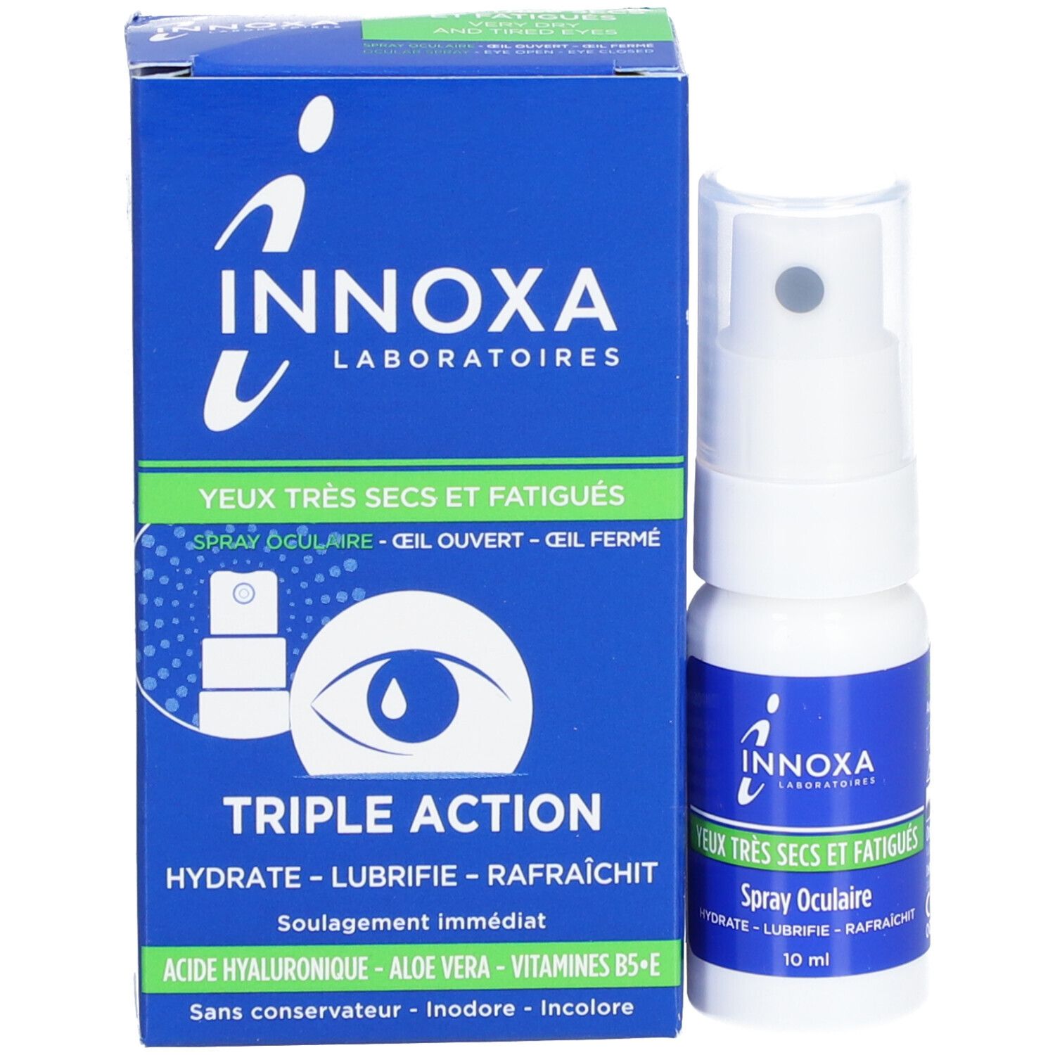 Spray oculaire INNOXA et emballage. Boîte bleue et flacon blanc. Texte: Triple Action, Yeux très secs et fatigués, 10 ml.