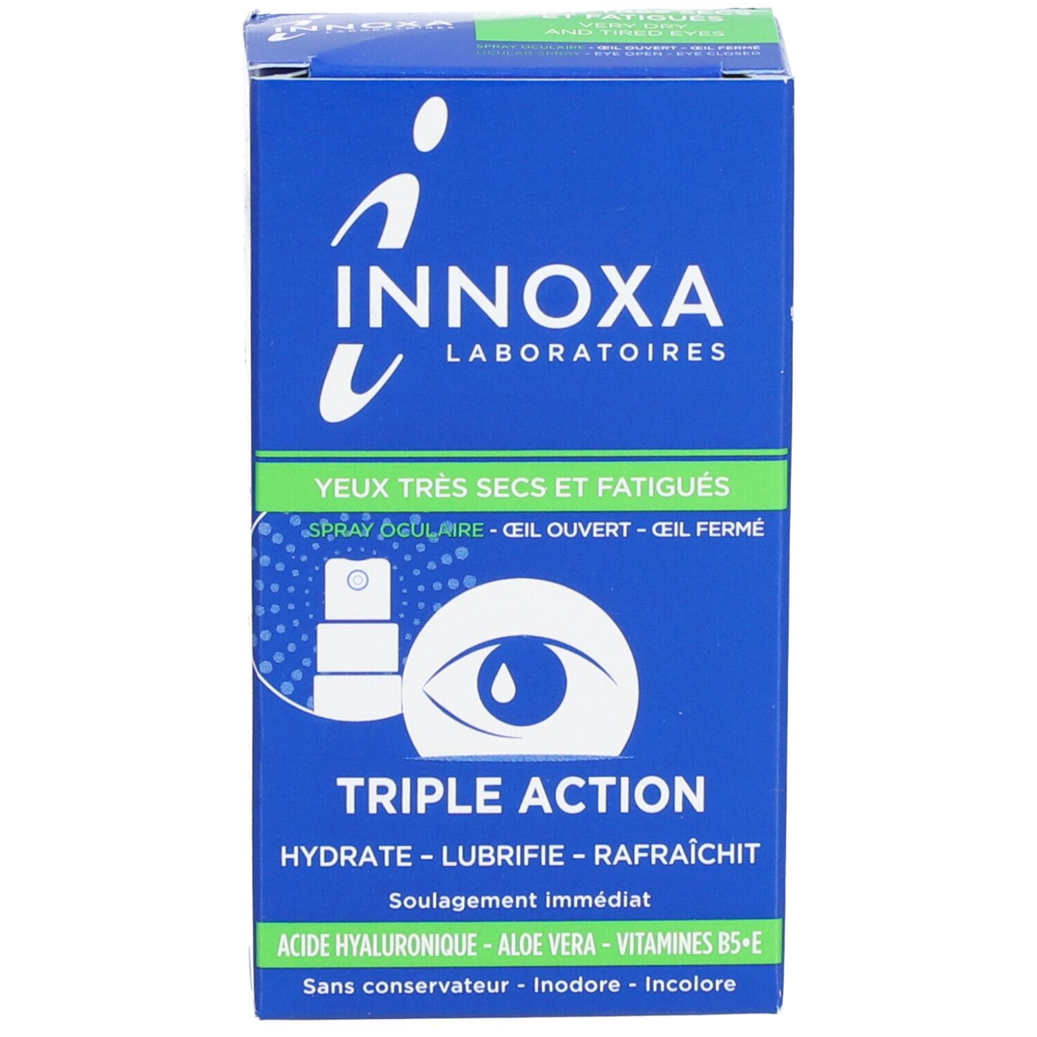 Emballage du spray oculaire INNOXA. Boîte bleue avec image du produit et texte: Triple Action, Yeux très secs et fatigués.