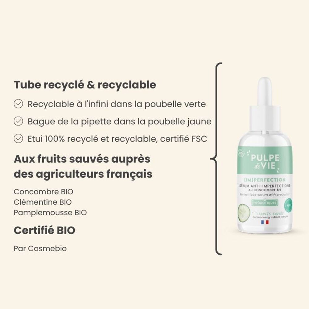Flacon de produit avec texte et liste. Texte: Tube recyclé & recyclable, Aux fruits sauvés auprès des agriculteurs français, Certifié BIO.