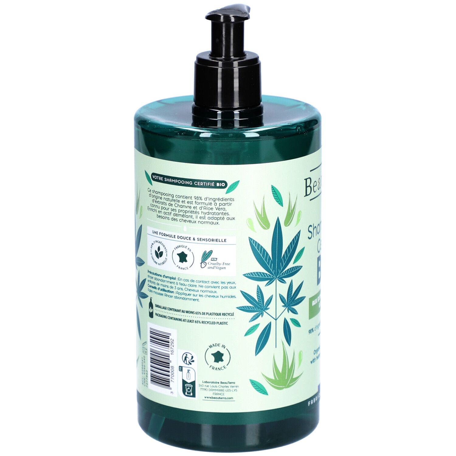 BeauTerra Shampoing Certifié Bio - Chanvre et Aloe Vera