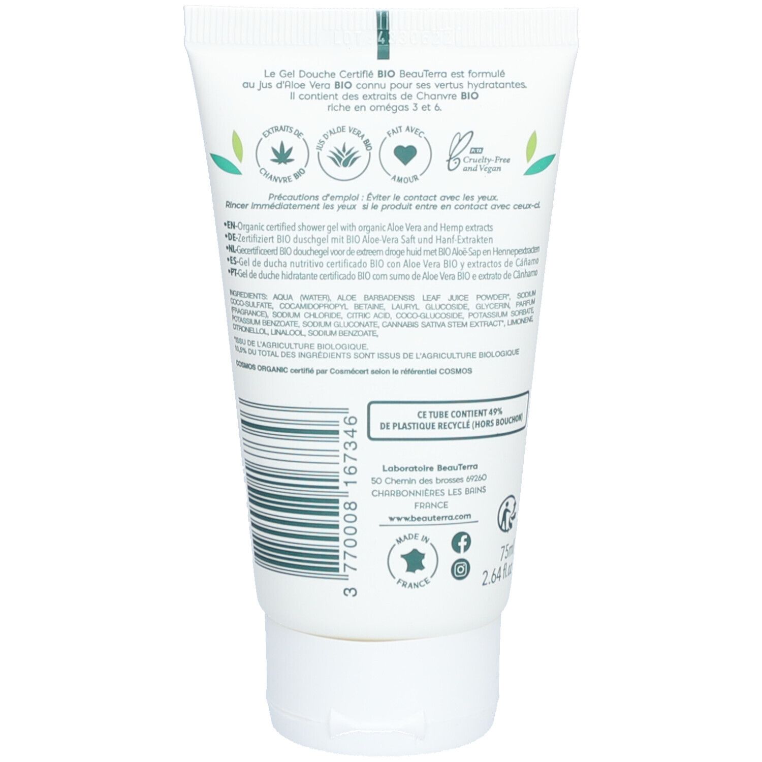 BeauTerra Gel Douche Certifié Bio - Chanvre et Aloe Vera