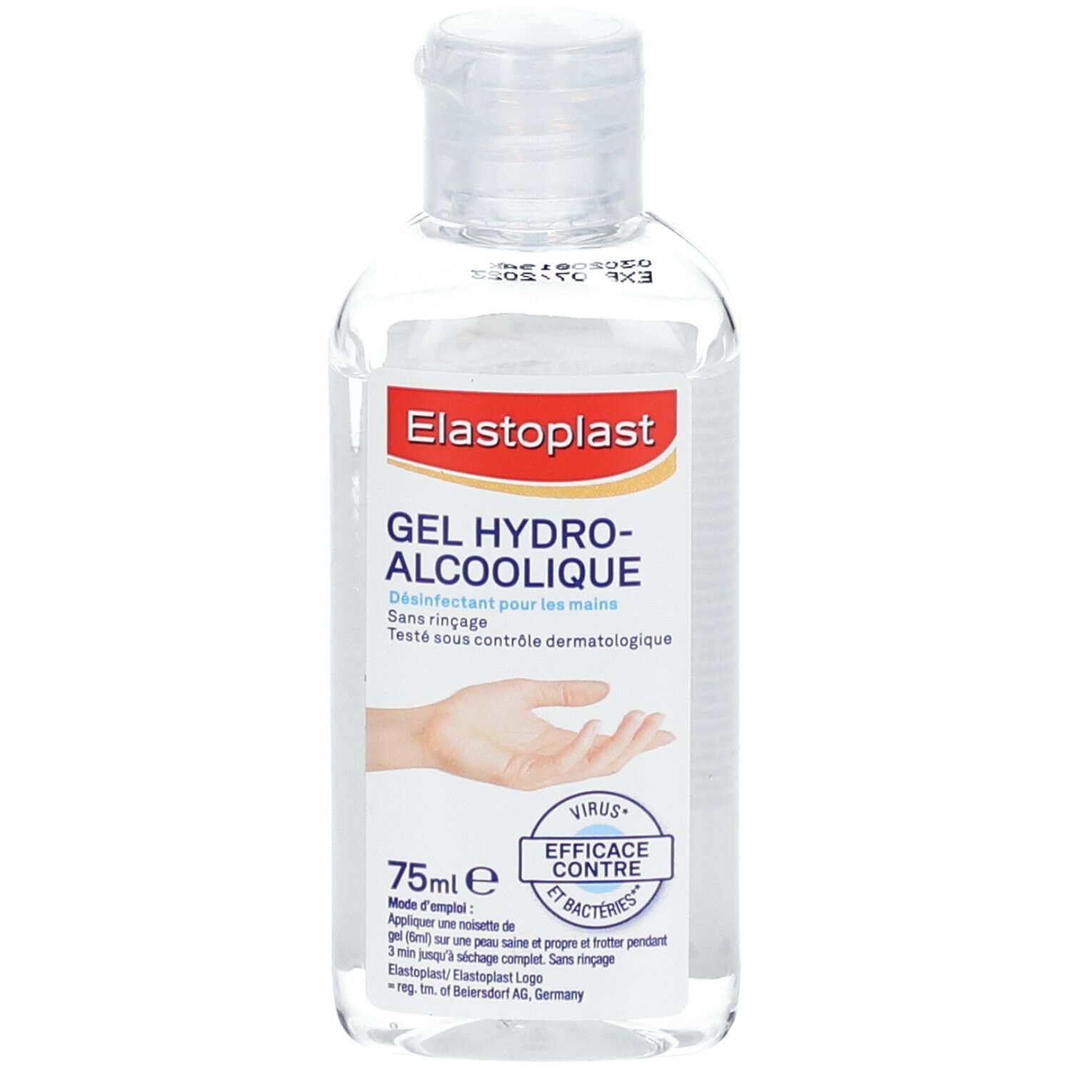 Flacon transparent avec bouchon blanc. Inscription: Elastoplast Gel Hydro-alcoolique. 75ml. Illustration de main.
