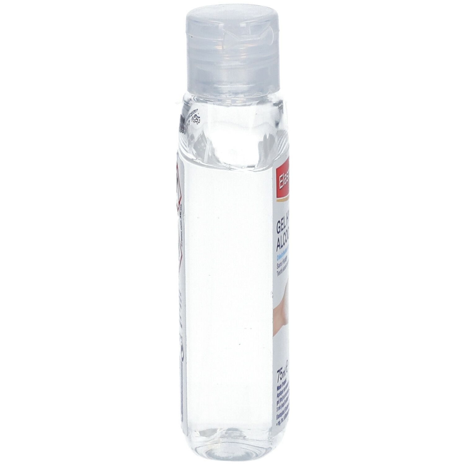 Flacon transparent avec bouchon blanc. Vue latérale. Étiquette avec texte.
