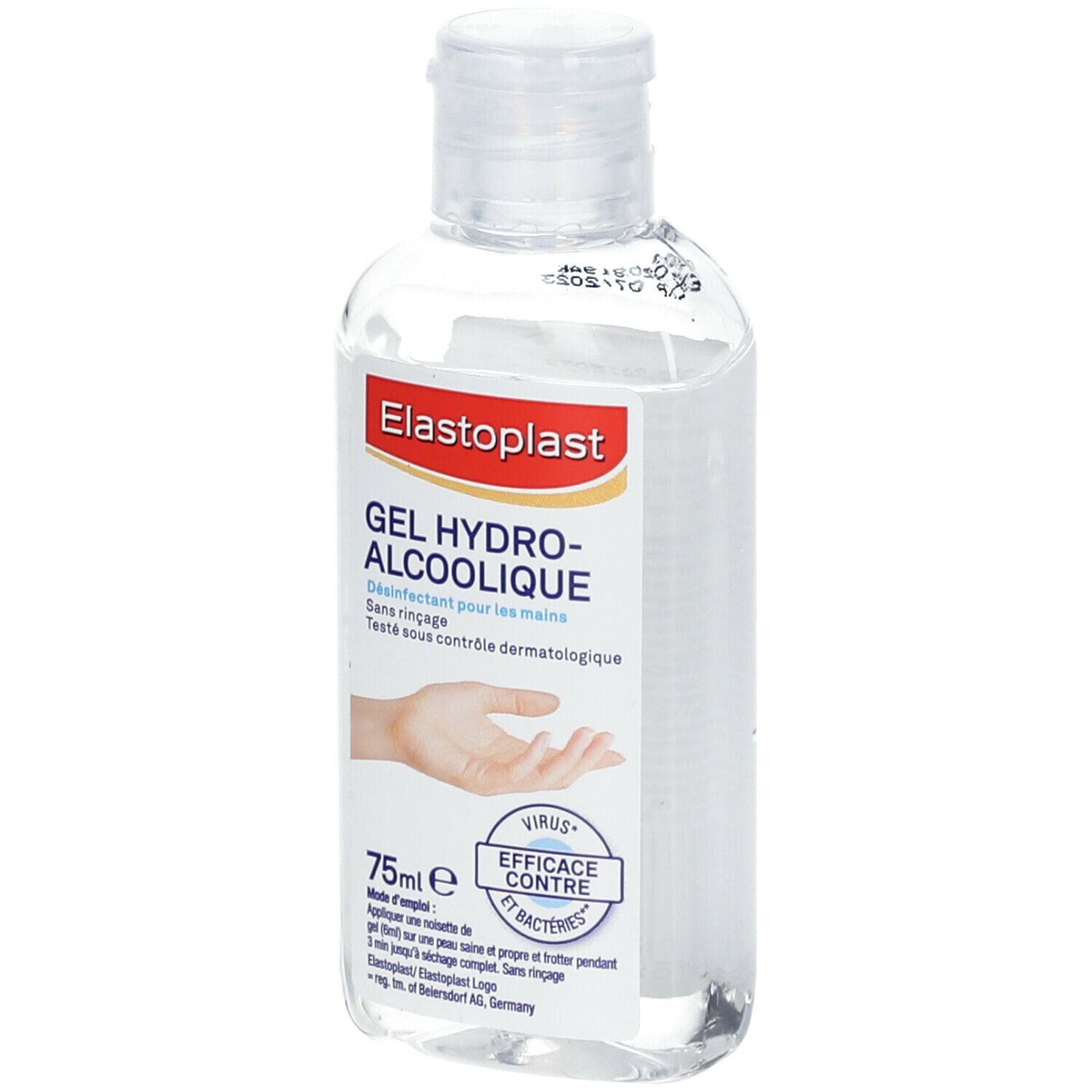 Flacon transparent avec bouchon blanc. Inscription: Elastoplast Gel Hydro-alcoolique. 75ml. Illustration de main.