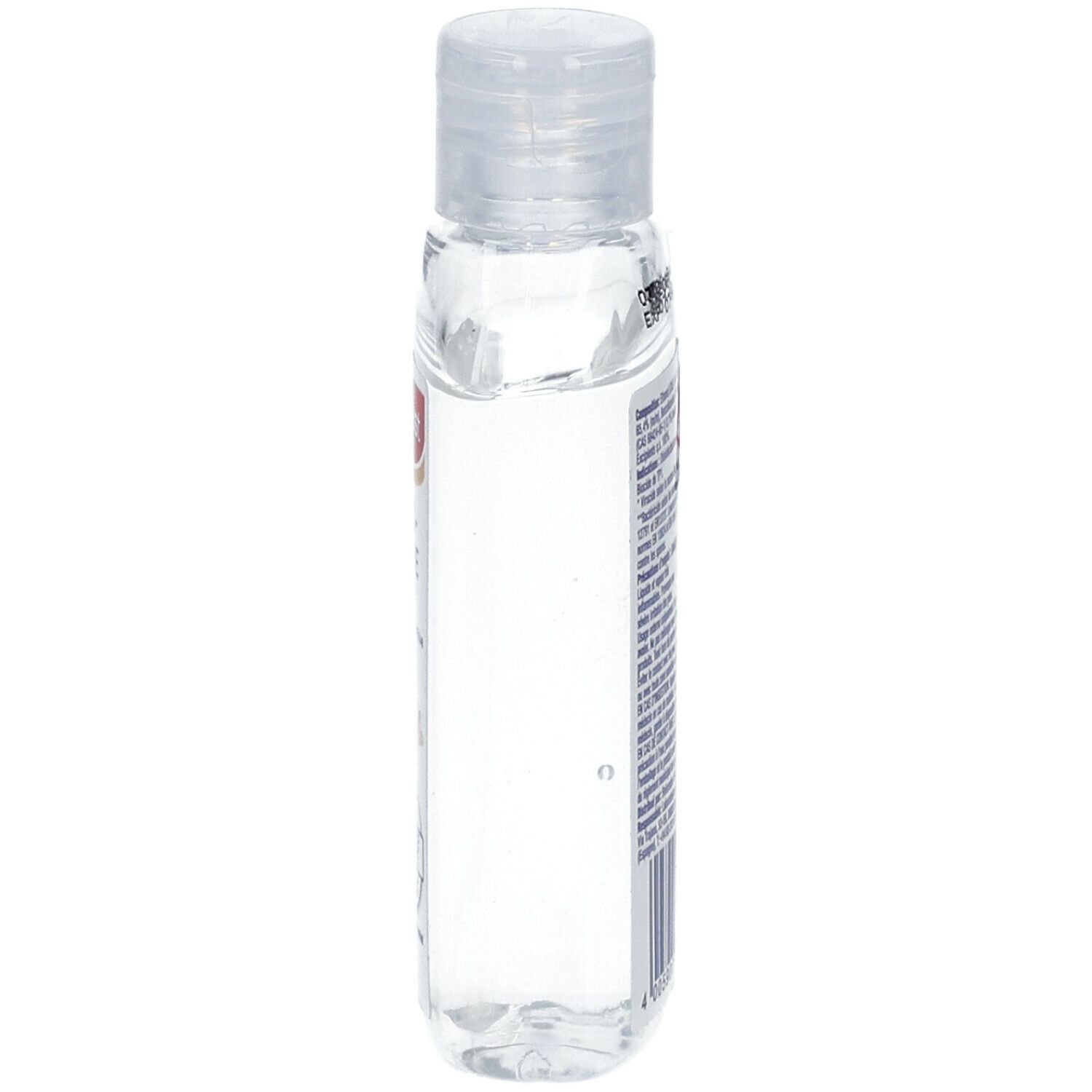 Flacon transparent avec bouchon blanc. Vue latérale. Étiquette avec texte.
