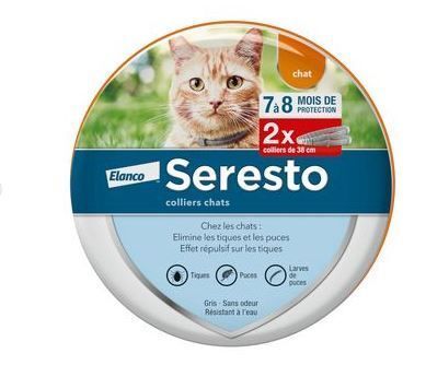 Emballage rond. Image du produit "Seresto collier chats". 2 colliers, protection 7-8 mois. Élimine tiques et puces.