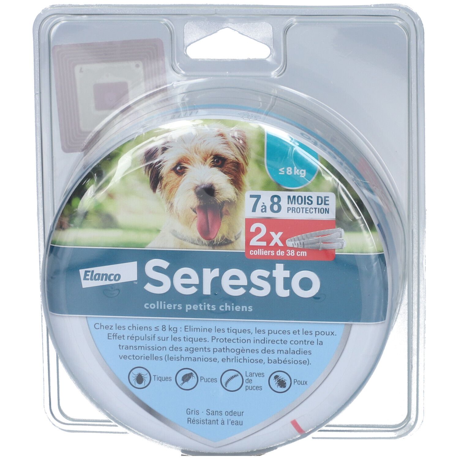 Emballage. Colliers Seresto petits chiens. 2 colliers de 38 cm, protection 7-8 mois. Logo Elanco. Chien.